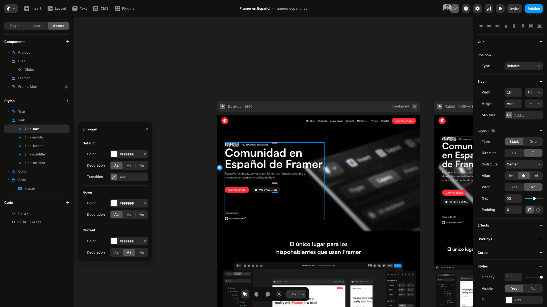 Vista del Panel de Assets en Framer, donde se gestionan y organizan los recursos gráficos de un proyecto web