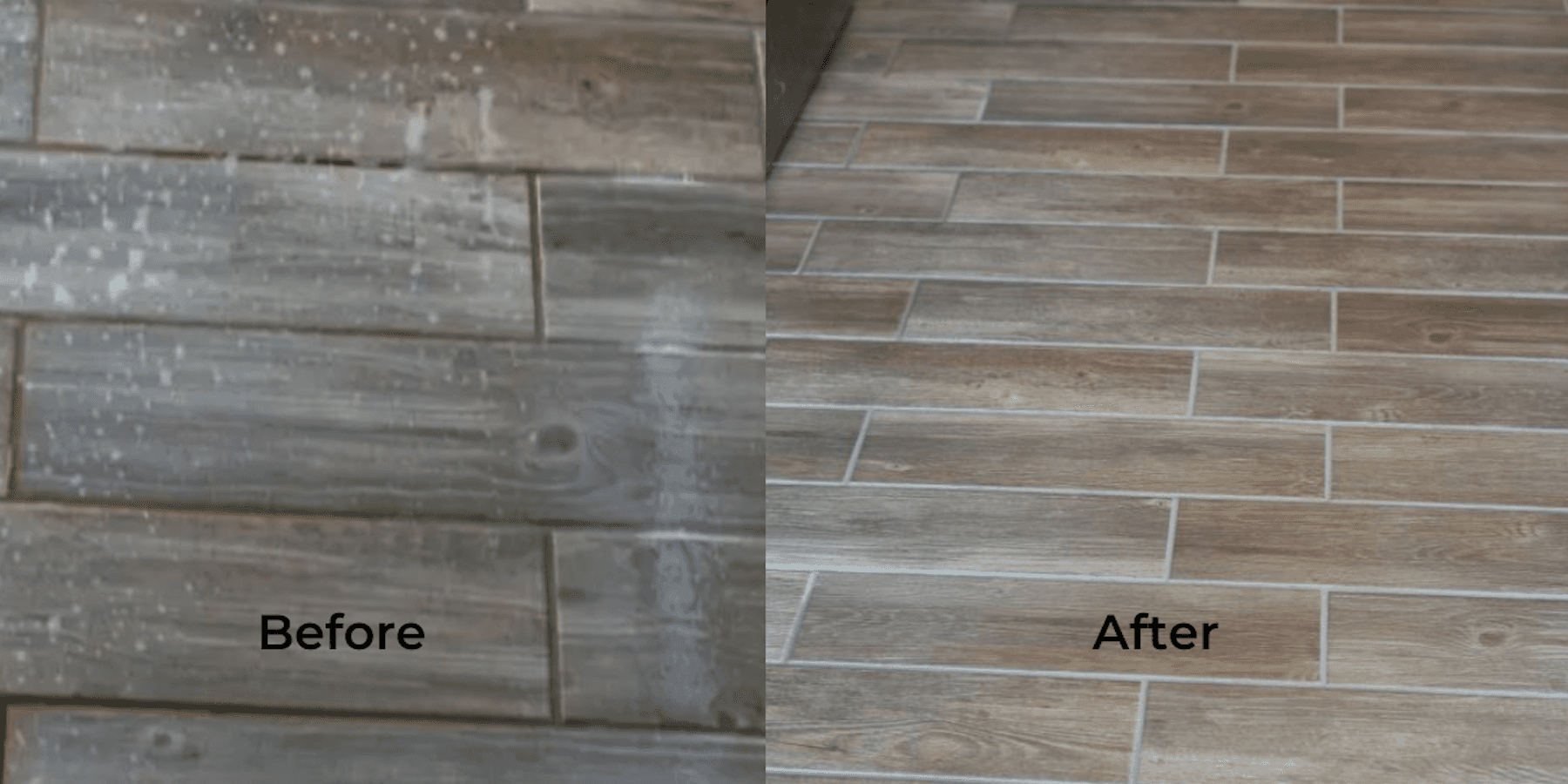 Before-and-after comparison of professionally restored wood-look tile and grout flooring.
