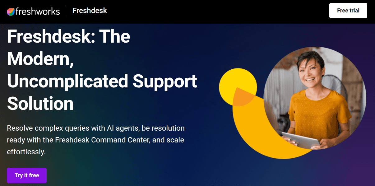 Freshdesk homepage showing modern uncomplicated support solution with AI agents and Freshdesk Command Center