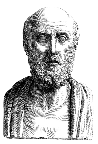 Black and white engraving of Hippocrates, the ancient Greek physician widely regarded as the "Father of Medicine." The artwork depicts him with a bald head, a full beard, and draped clothing, emphasizing his wisdom and historical significance in the development of medical ethics and practices, particularly the Hippocratic Oath.