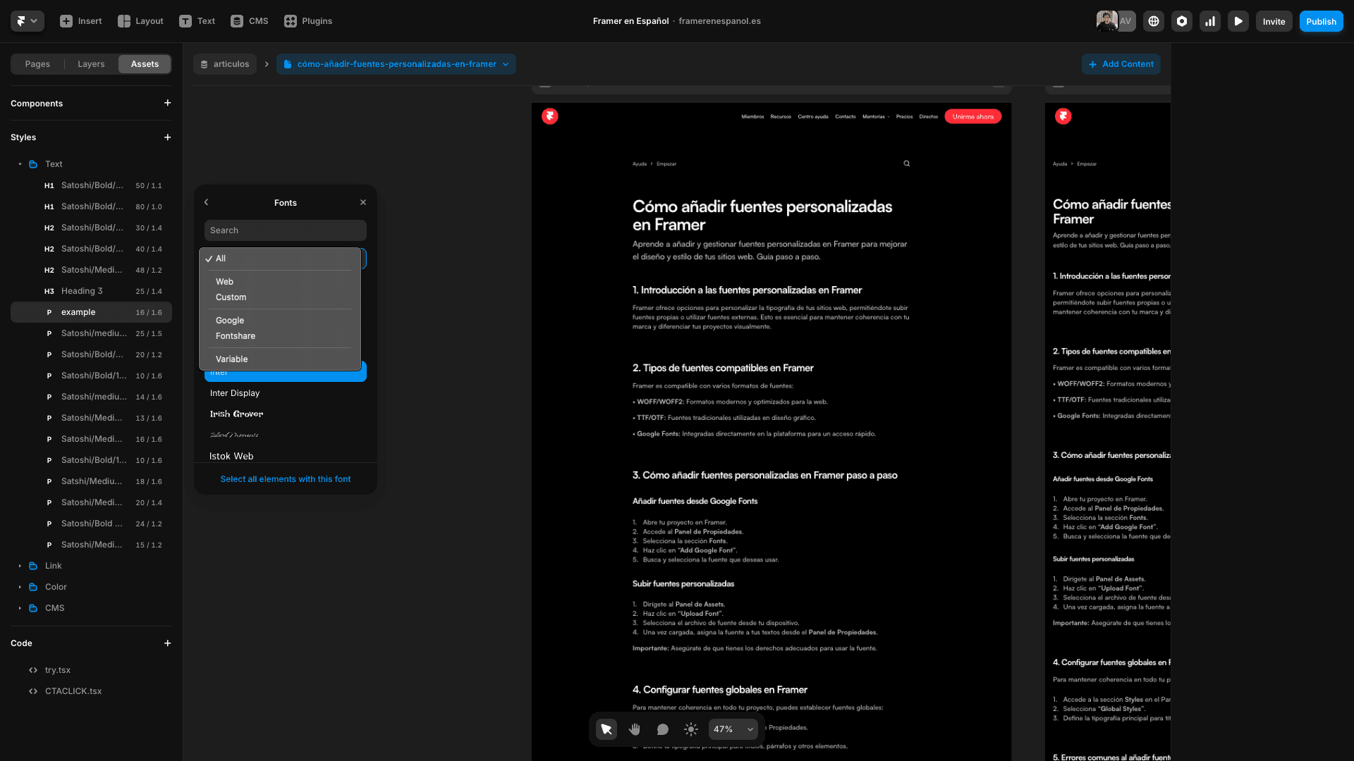 Panel de Assets de Framer mostrando el proceso para subir fuentes personalizadas y aplicarlas al proyecto