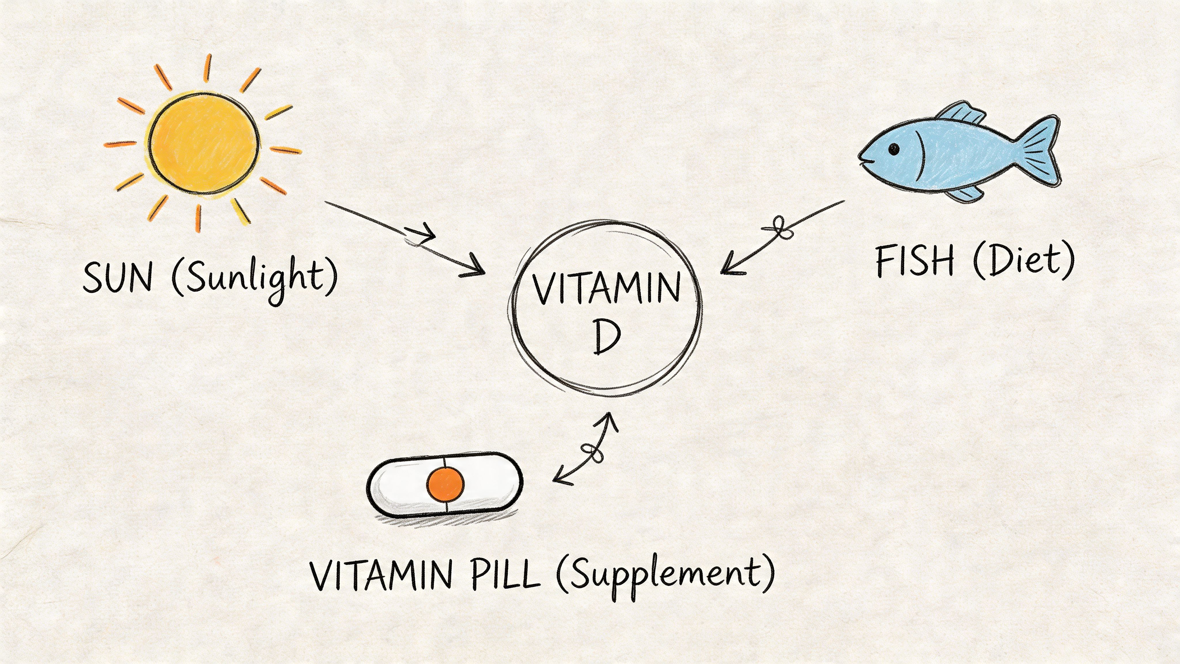 A hand-drawn illustration showing the three main sources of Vitamin D: sunlight, fish, and vitamin supplements.