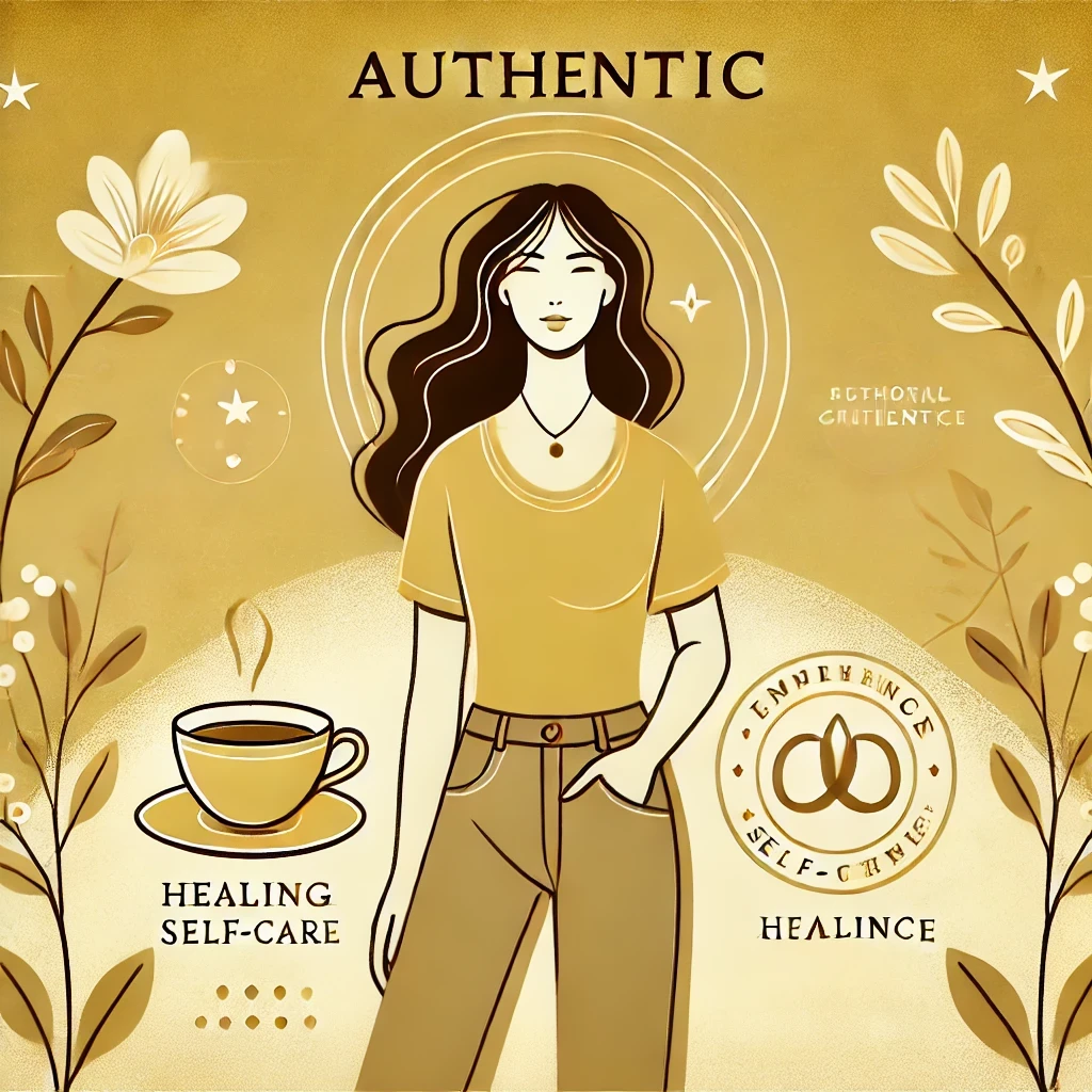 A minimalist and authentic digital artwork in yellow and brown tones, reflecting Confinity's brand. The image features a young woman standing confidently, with a warm, golden background. Subtle details like a teacup and soft floral motifs symbolize healing, self-care, and resilience. Gentle glowing accents and clean, modern design emphasize empowerment, growth, and acceptance, perfectly aligning with the themes of the PCOS journey.