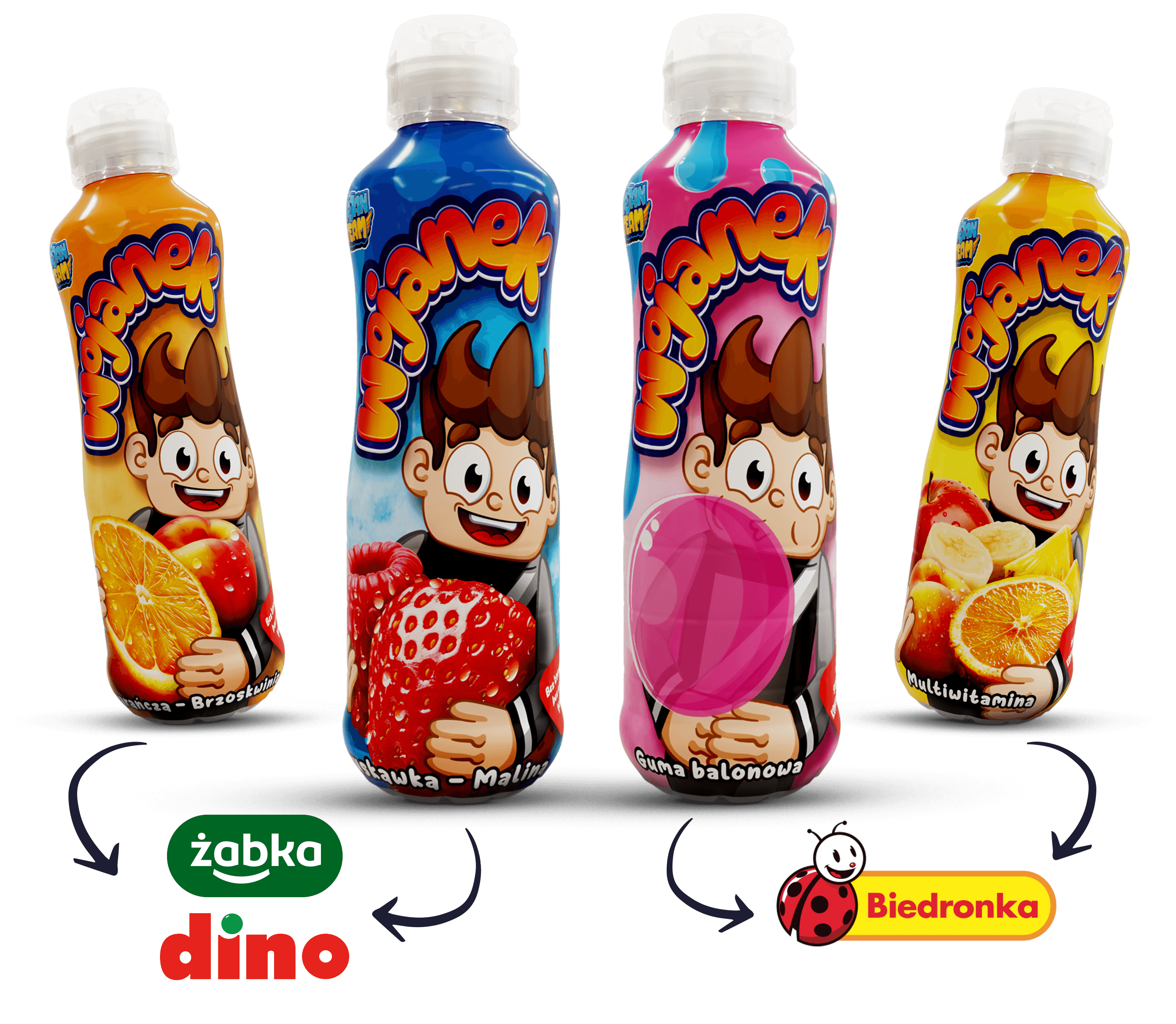 Wojanek – napój w butelkach, smaki truskawka i malina, pomarańcza i brzoskwinia, multiwitamina, guma balonowa