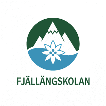 Logo of Fjällängskolan featuring a mountain, a lake, and a snowflake design with the school's name below.