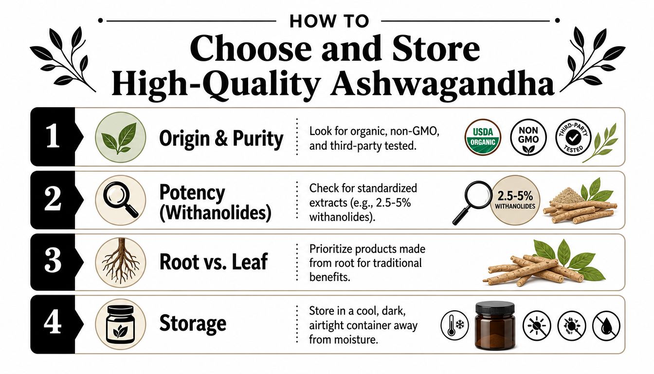 An infographic showing four steps for choosing and storing high-quality ashwagandha root, covering purity, potency, parts, and storage.