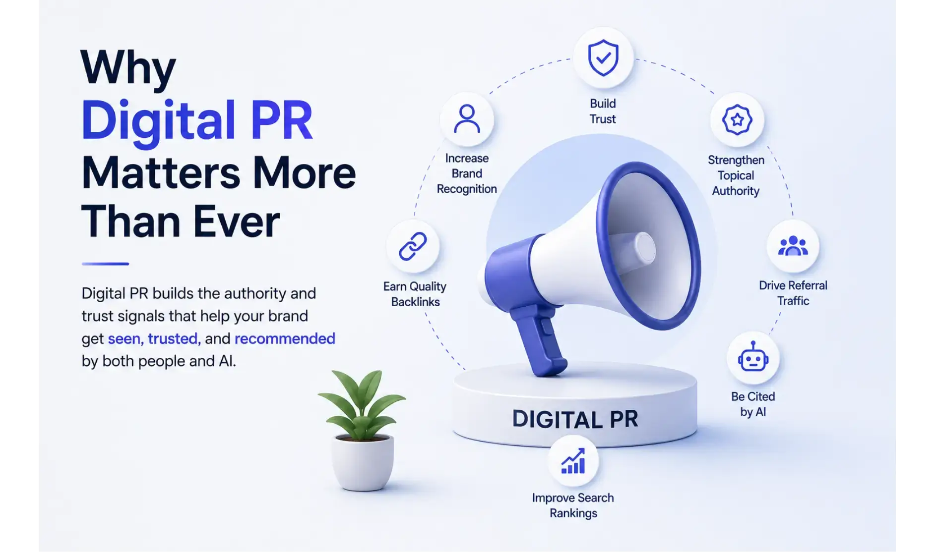 Image depicting trust, backlinks, AI citations, and search ranking icons representing digital PR benefits.