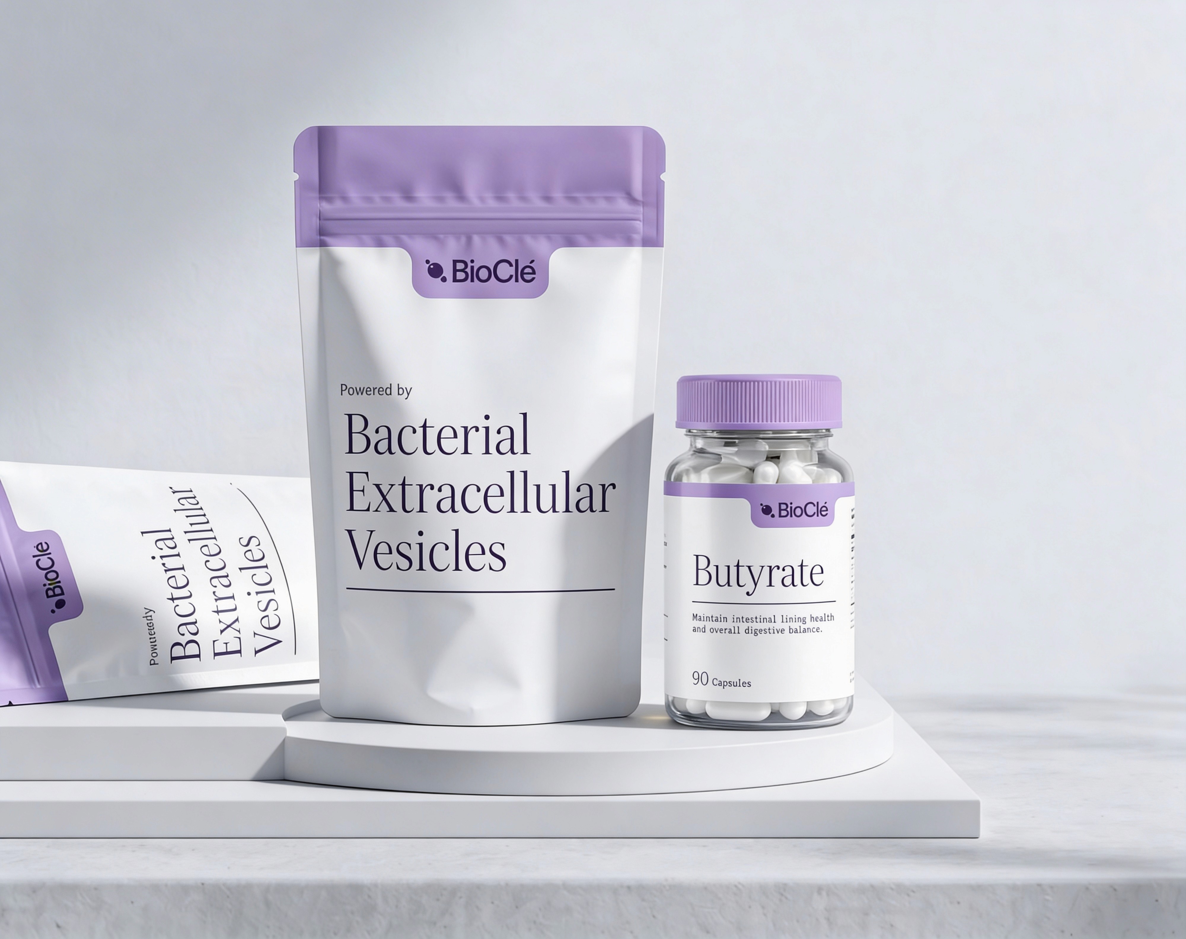 Packaged bacterial extracellular vesicles product with container and vial, representing bioactive delivery platform