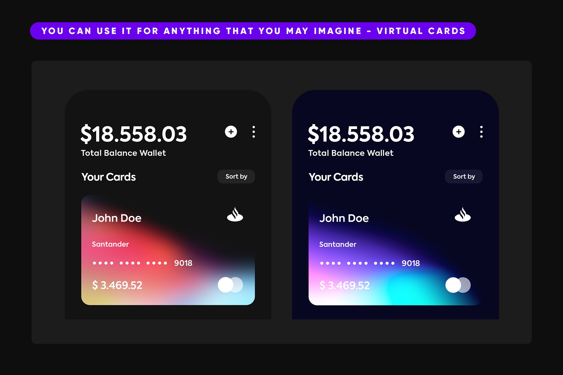 Virtual card design concept using dark gradients for a sleek, modern UI.