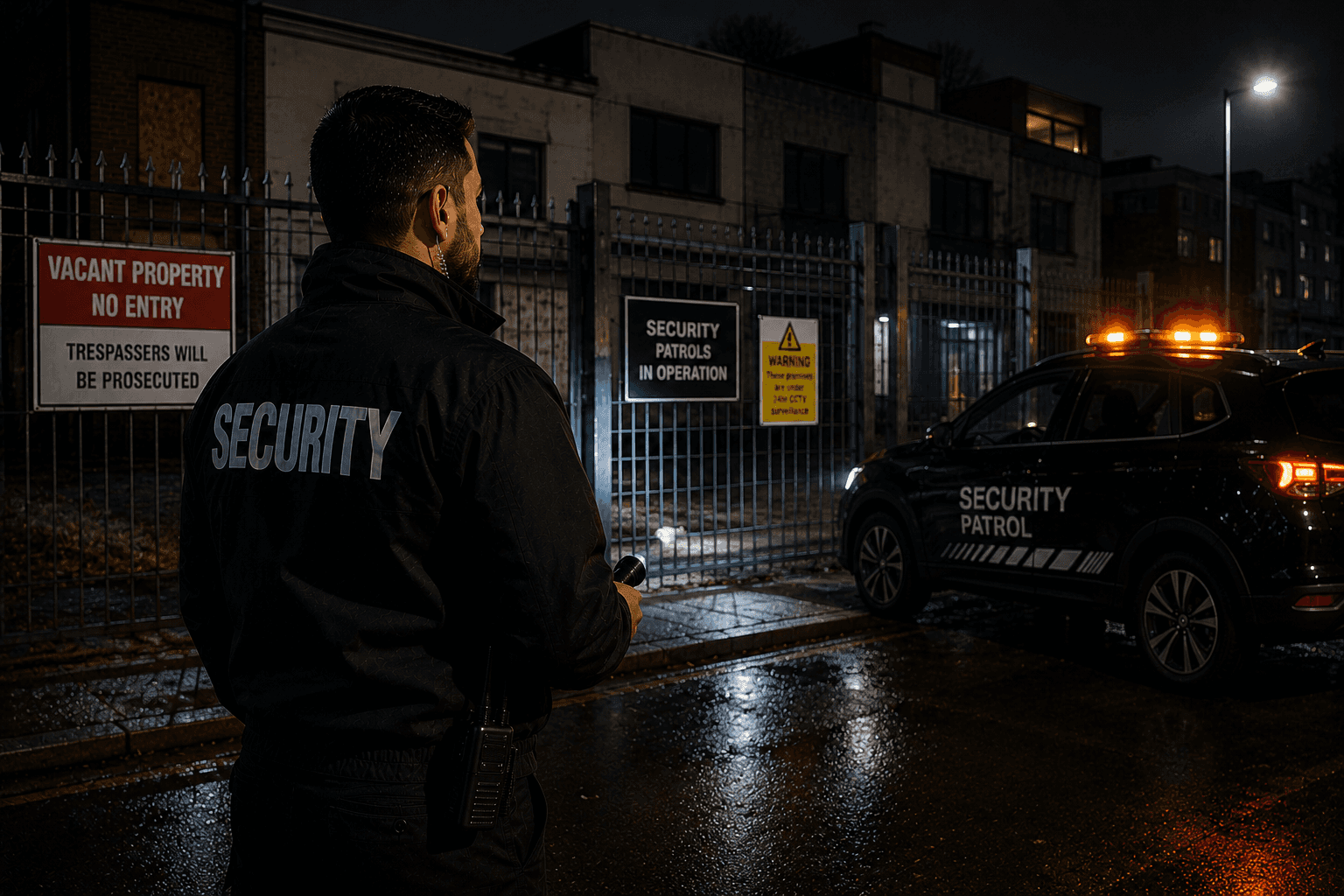Vacant property security patrol inspecting an abandoned building and secured perimeter fencing at night.