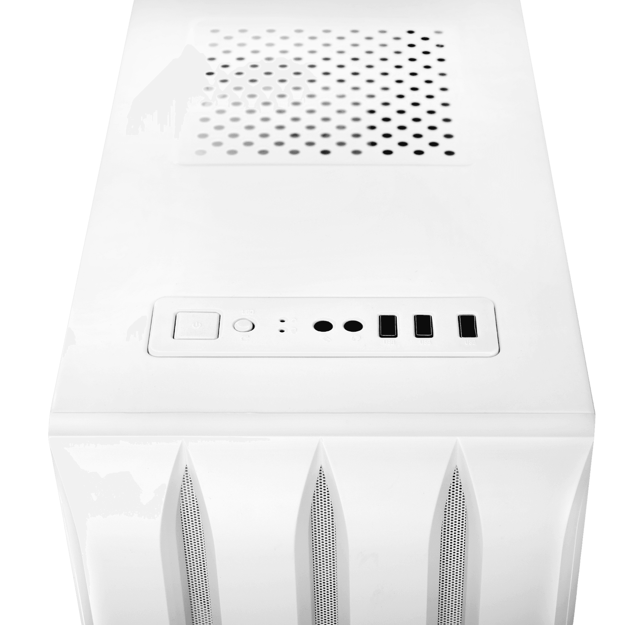 Top view of a sleek white gaming PC case with ventilation slots and a clean design. The front panel features multiple I/O ports for easy connection, ideal for gamers looking to build a top-tier gaming PC in 2023. Its high-performance structure provides excellent airflow, making it a great choice for custom gaming builds.