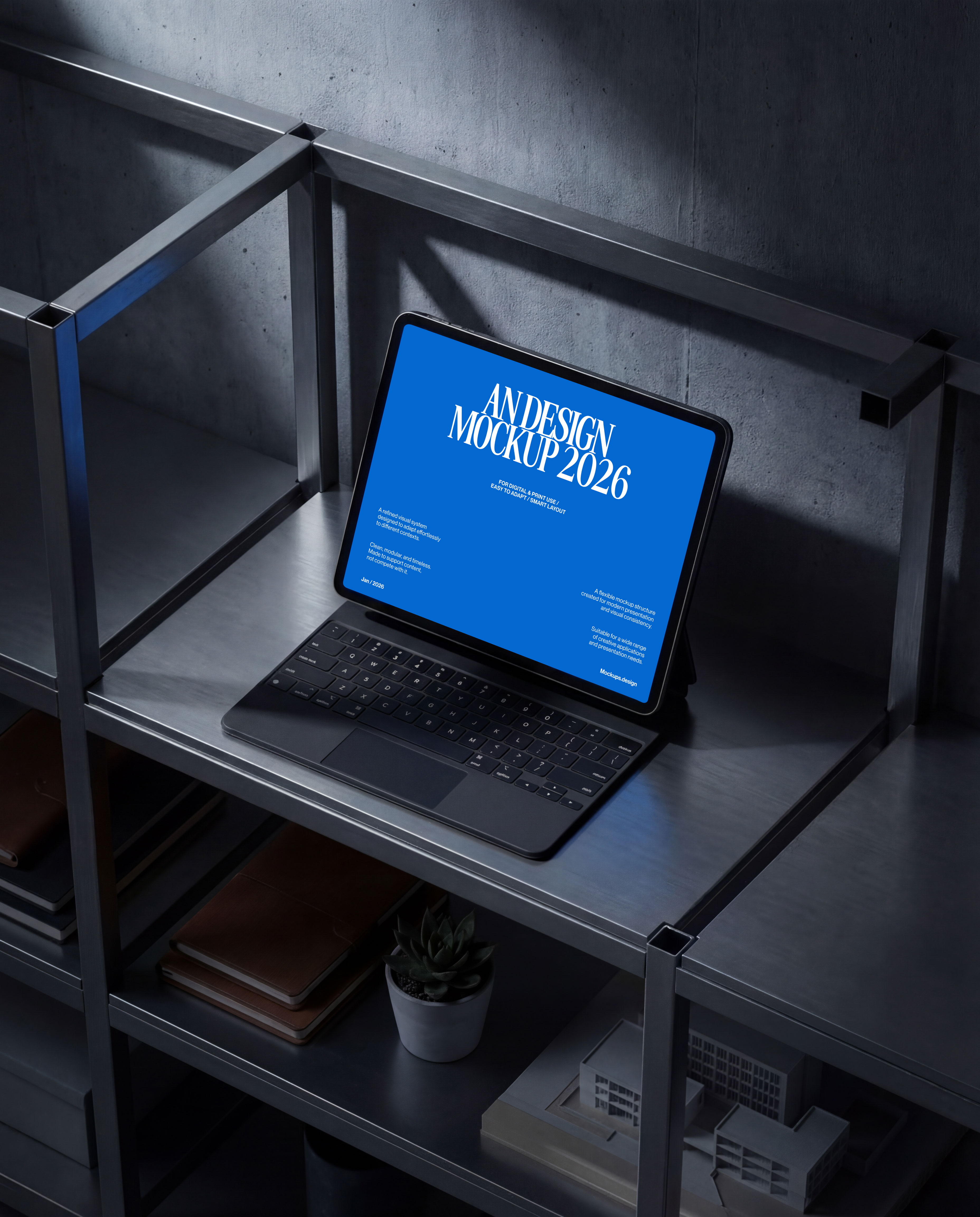 iPad mockup on dark industrial background, realistic setup