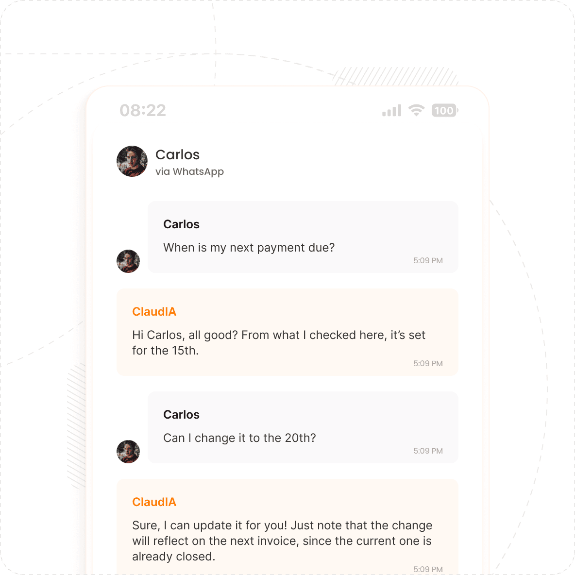 Atendimento automatizado da ClaudIA via WhatsApp sobre vencimento de pagamento.
