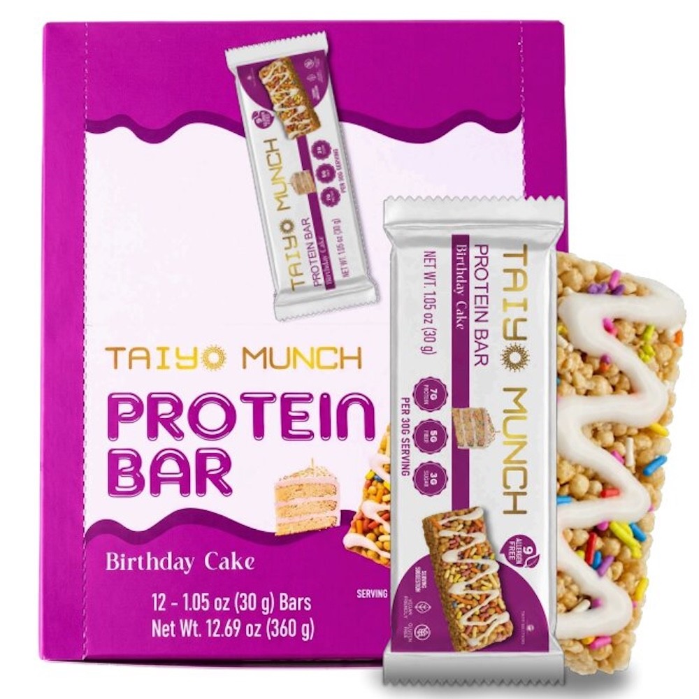 Box and wrapper of Taiyo Munch Birthday Cake protein bars beside sprinkled allergen-free rice treat.