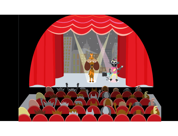 A cartoon dog stands center stage on a gray stage, wearing a yellow hat and holding a microphone. A cat with a guitar stands to the right. A red curtain frames the stage, and a row of red chairs with cartoon animal heads sits in front. Behind the stage, a cityscape is visible under a night sky with stars.