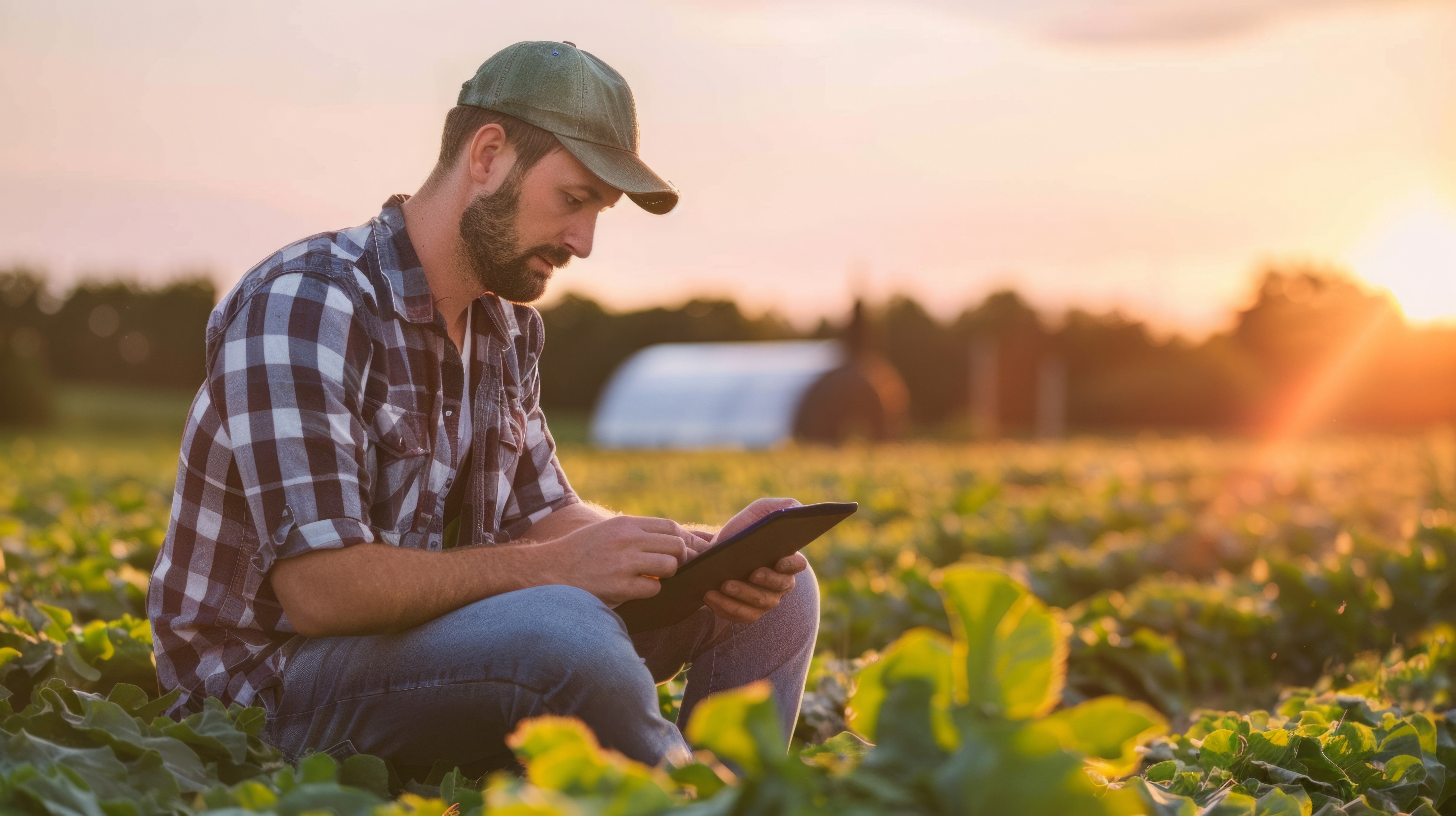 produtor rural em uma lavoura, mexendo em um tablet