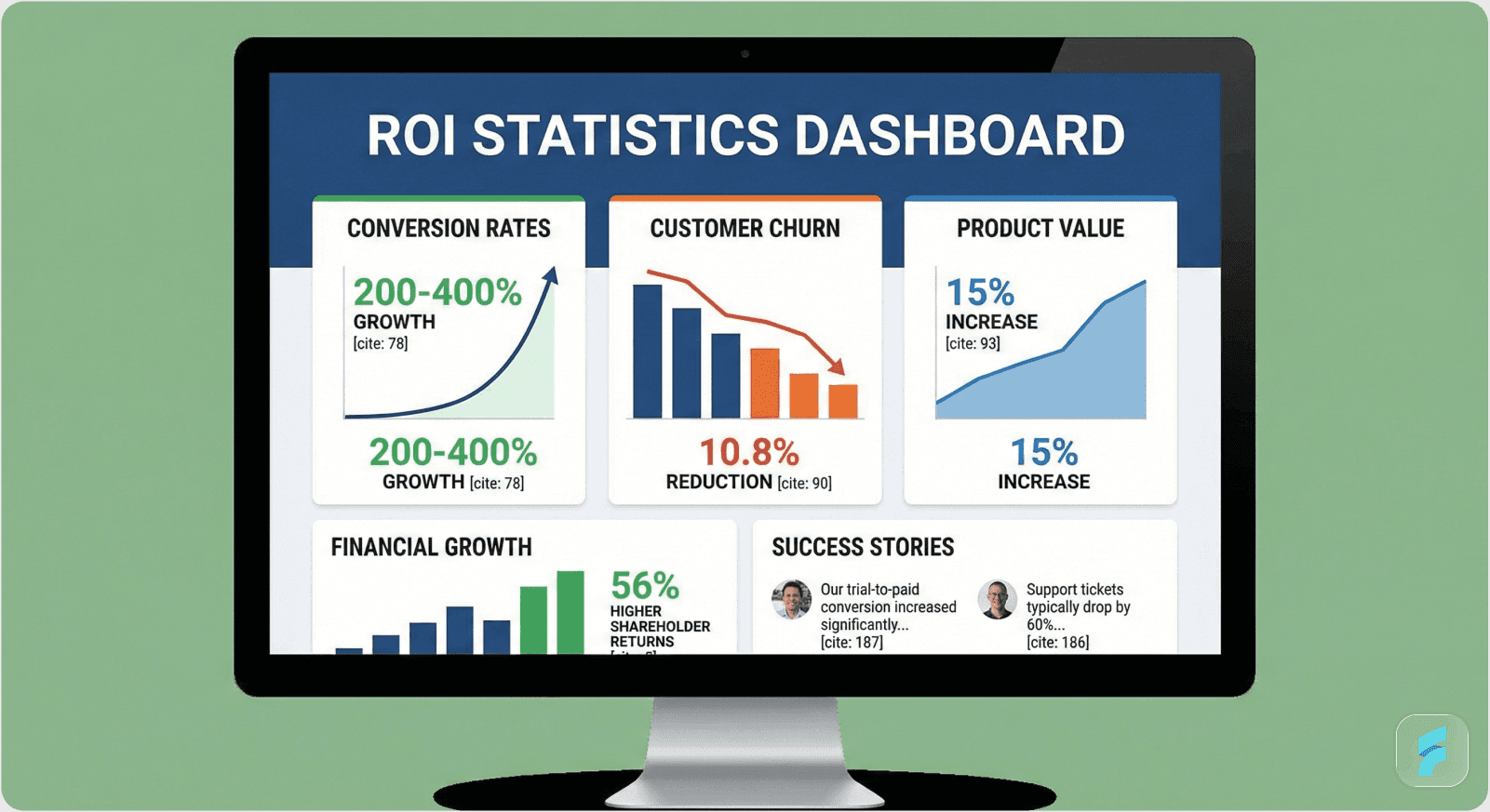 Dashboard displaying ROI statistics: increased conversion rates, reduced churn, and higher product value due to high-quality UX design