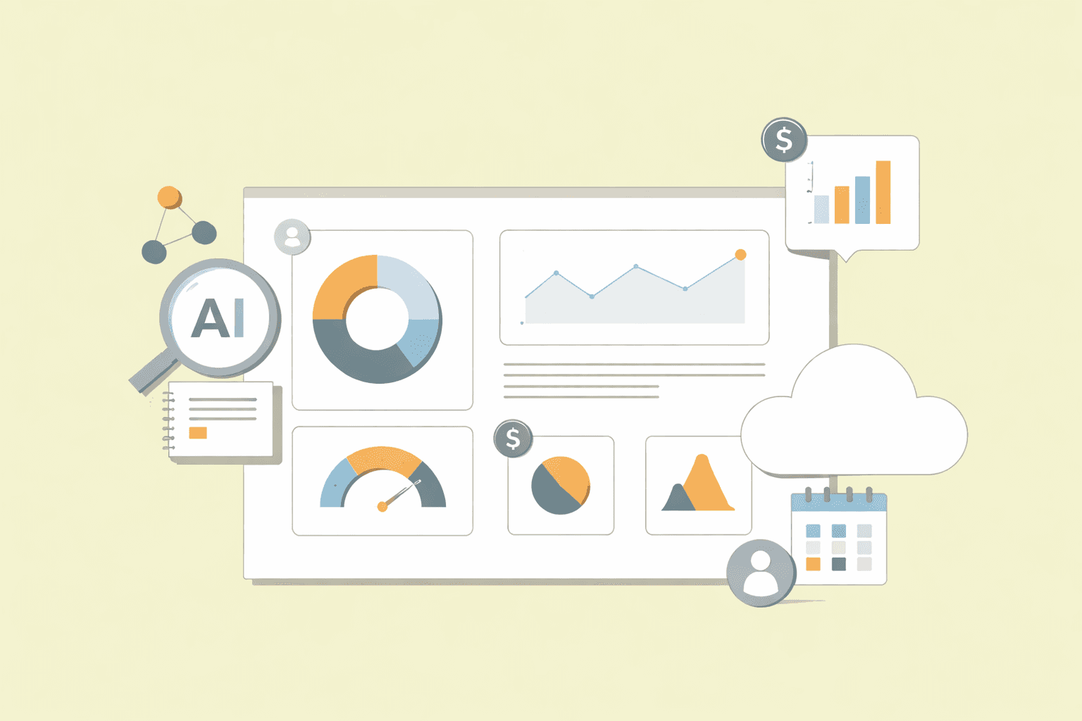 Generative business intelligence dashboard with AI-powered analytics, data visualization charts, and real-time reports on light green background