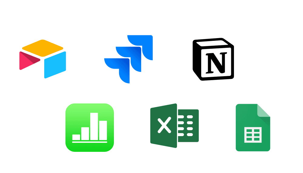 A collection of logos representing various project management and productivity tools, including Airtable, Jira, Notion, Numbers, Microsoft Excel, and Google Sheets, displayed on a white background.