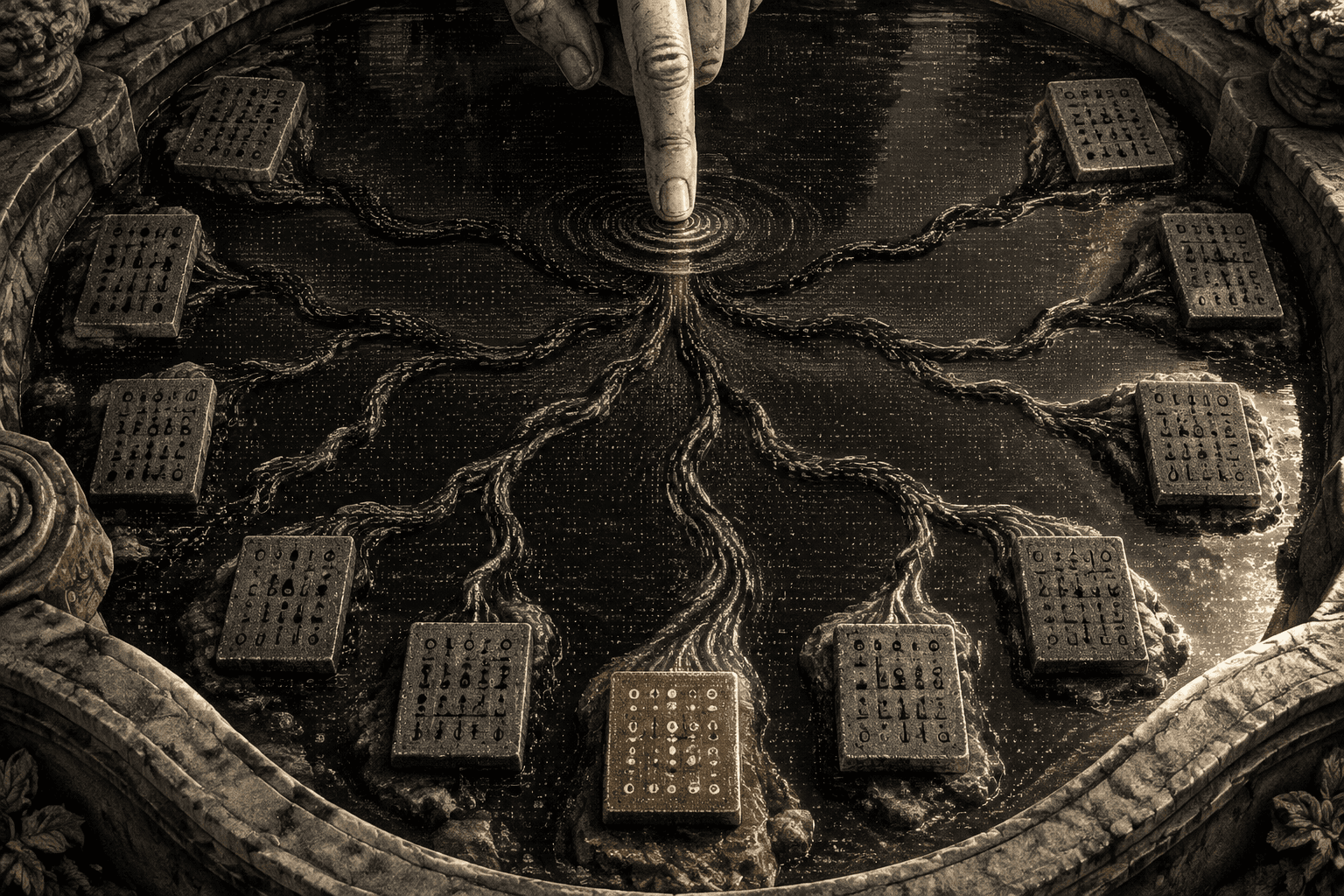 A marble fingertip touching a stone pool whose ripples fan out into carved channels, each ending at a tablet, one of them yellow