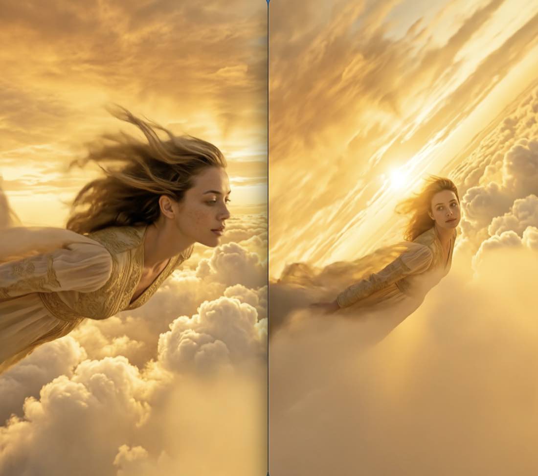 AI Instagram Reels generator result showing a woman flying through glowing golden sunset clouds
