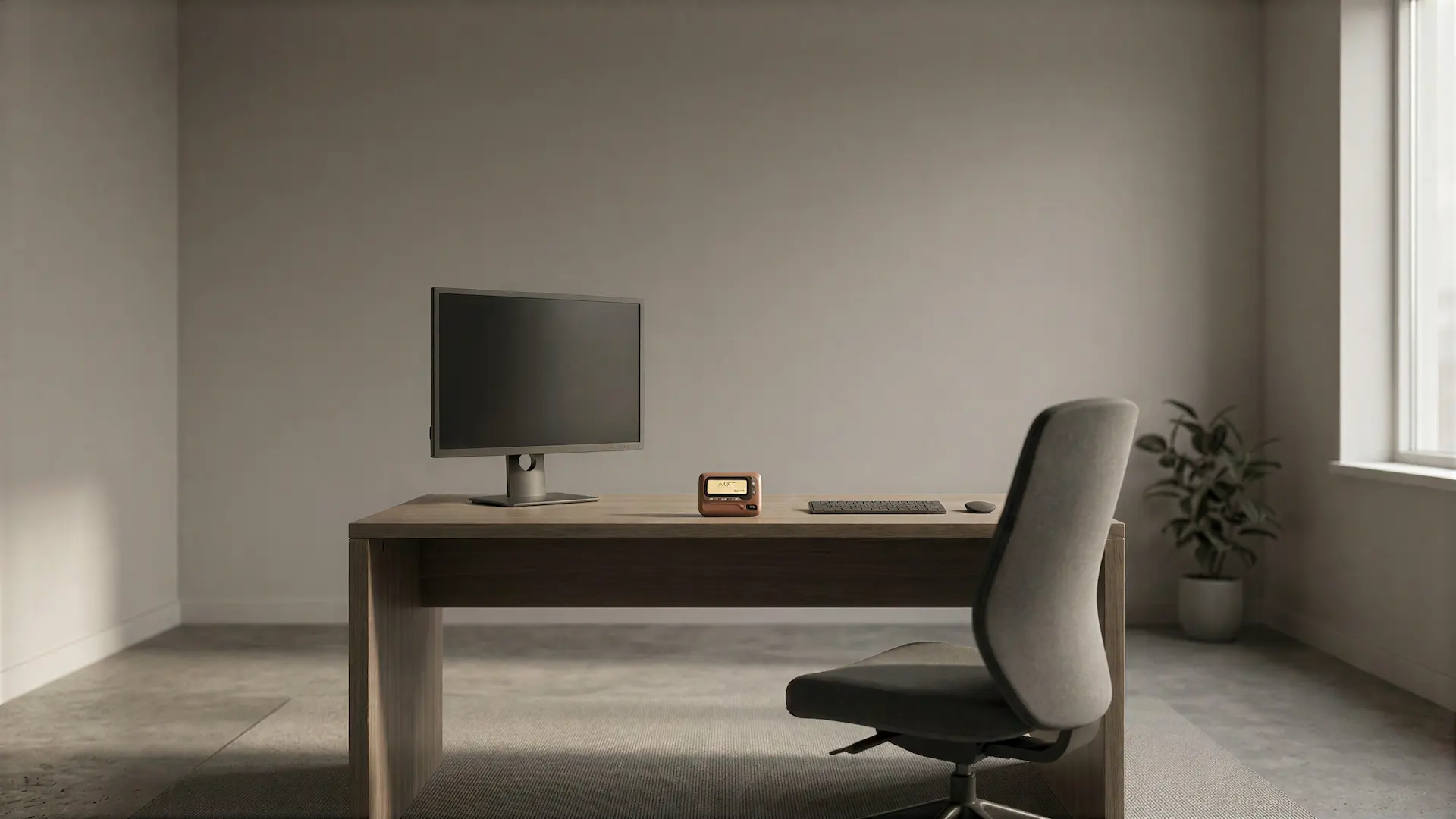 A vacant desk with a dark monitor and a small orange pager glowing with an alert.