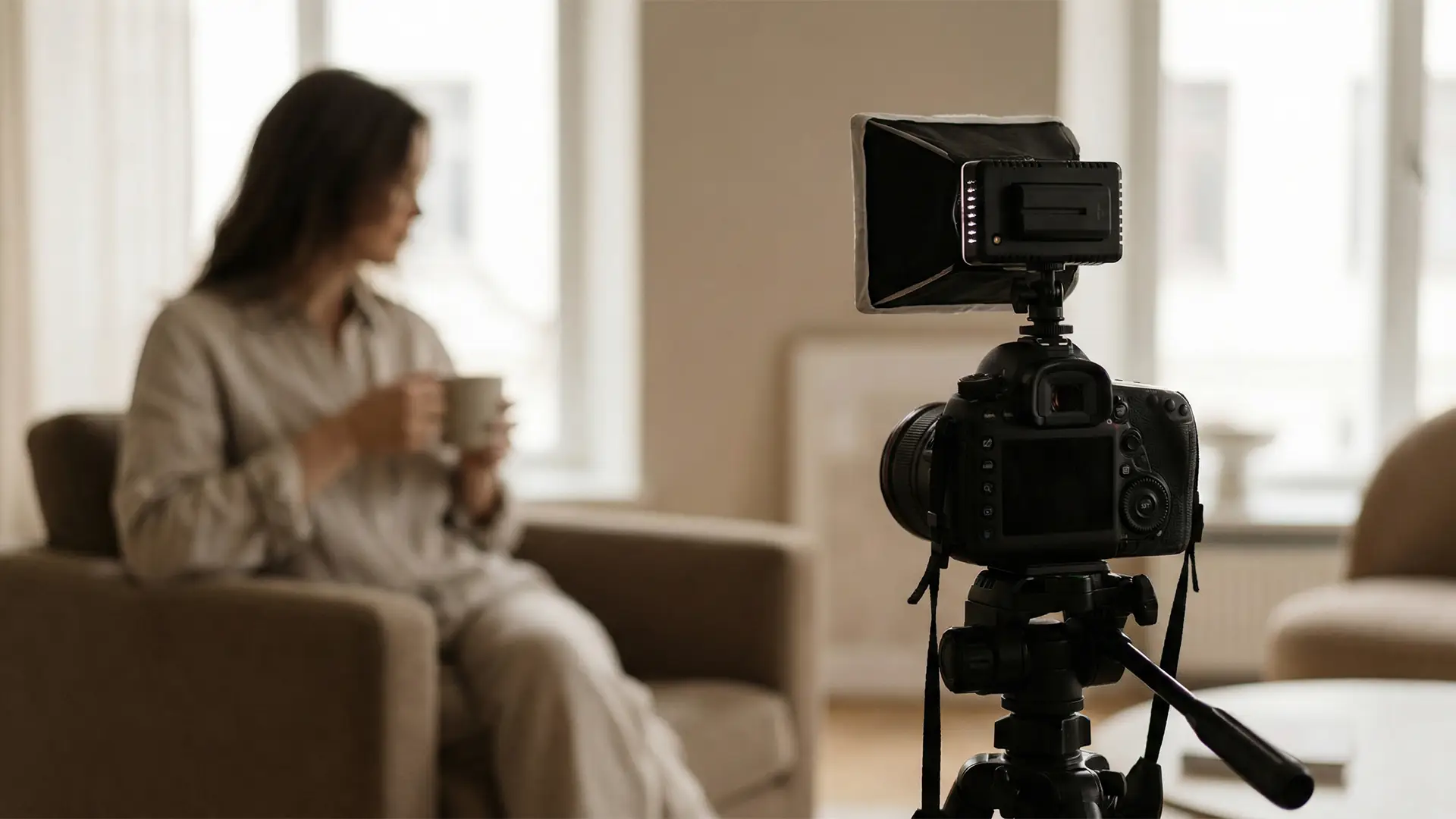A relaxed filming setup in a quiet room, with a camera on a tripod in the foreground and a softly blurred subject seated comfortably in the background, creating a calm, conversational atmosphere.