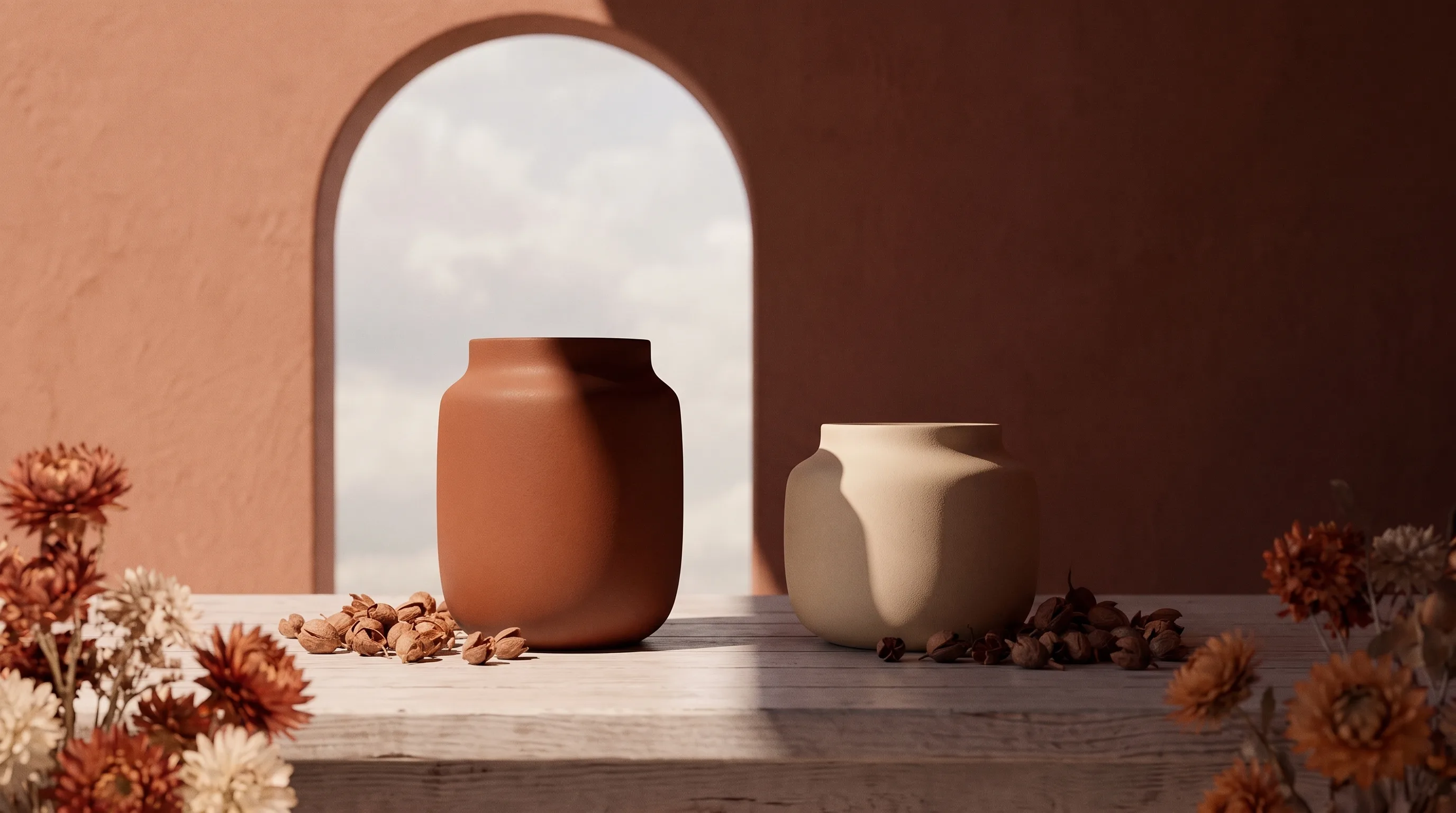 A dark terracotta vessel and a pale cream vessel side by side, one brightly lit and one in deep shadow