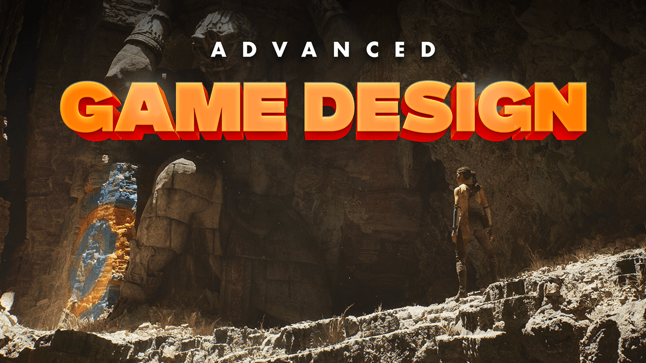 Advanced Game Design title over a cinematic game scene with a character exploring ancient ruins and statues.
