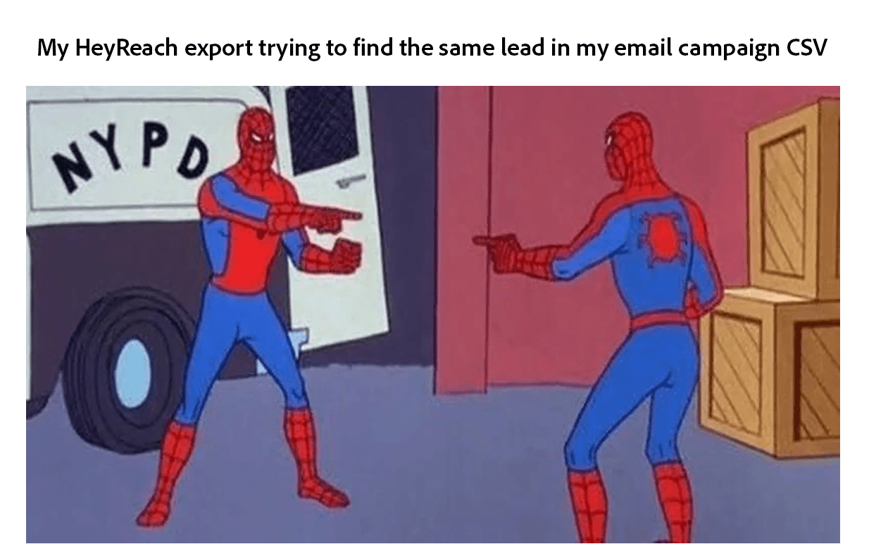 Duplicate leads: HeyReach export vs email campaign CSV — Spider-Man pointing meme