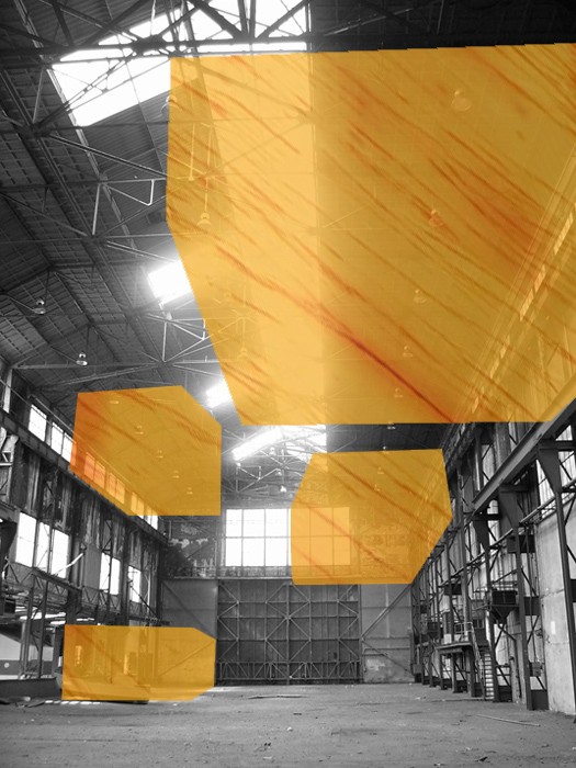 Conceptual visualisation of the possibilities for spaces and volumes inside the former sheet metal workshop building