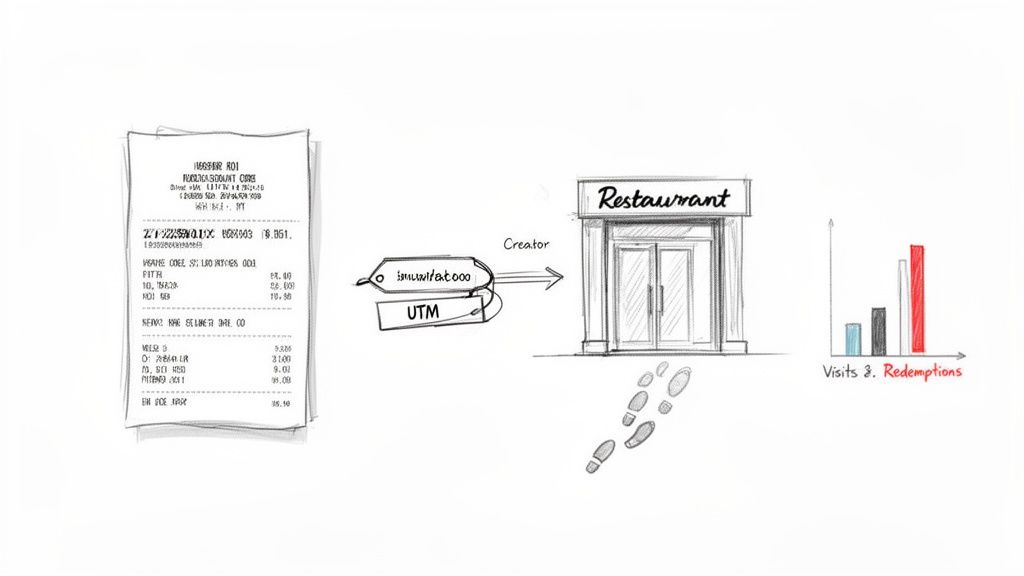 Illustration showing a receipt, UTM tag, restaurant, and bar graph tracking visits and redemptions.