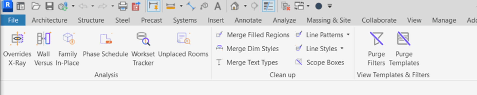 Custom /slantis pyRevit toolbar in Autodesk Revit showing Magic Tools tab with one-click buttons for Analysis and Clean Up tasks including Overrides X-Ray, Wall Versus, Family In-Place, Merge Filled Regions, Line Styles, Purge Filters, and Purge Templates