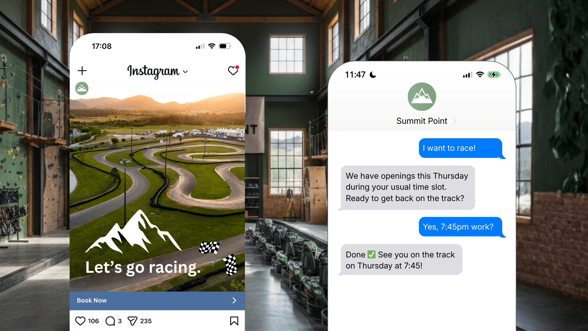 A social post shows a driver in a race and says it’s possible to DM to book your next race experience. The customer DMs the track on social and schedules their next race session.