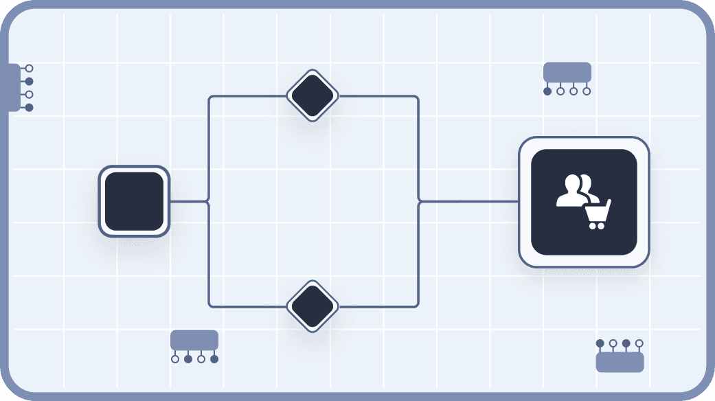 Flowchart diagram illustrating a process with connected nodes and a central gear icon, set against a grid background, representing workflow and automation concepts.