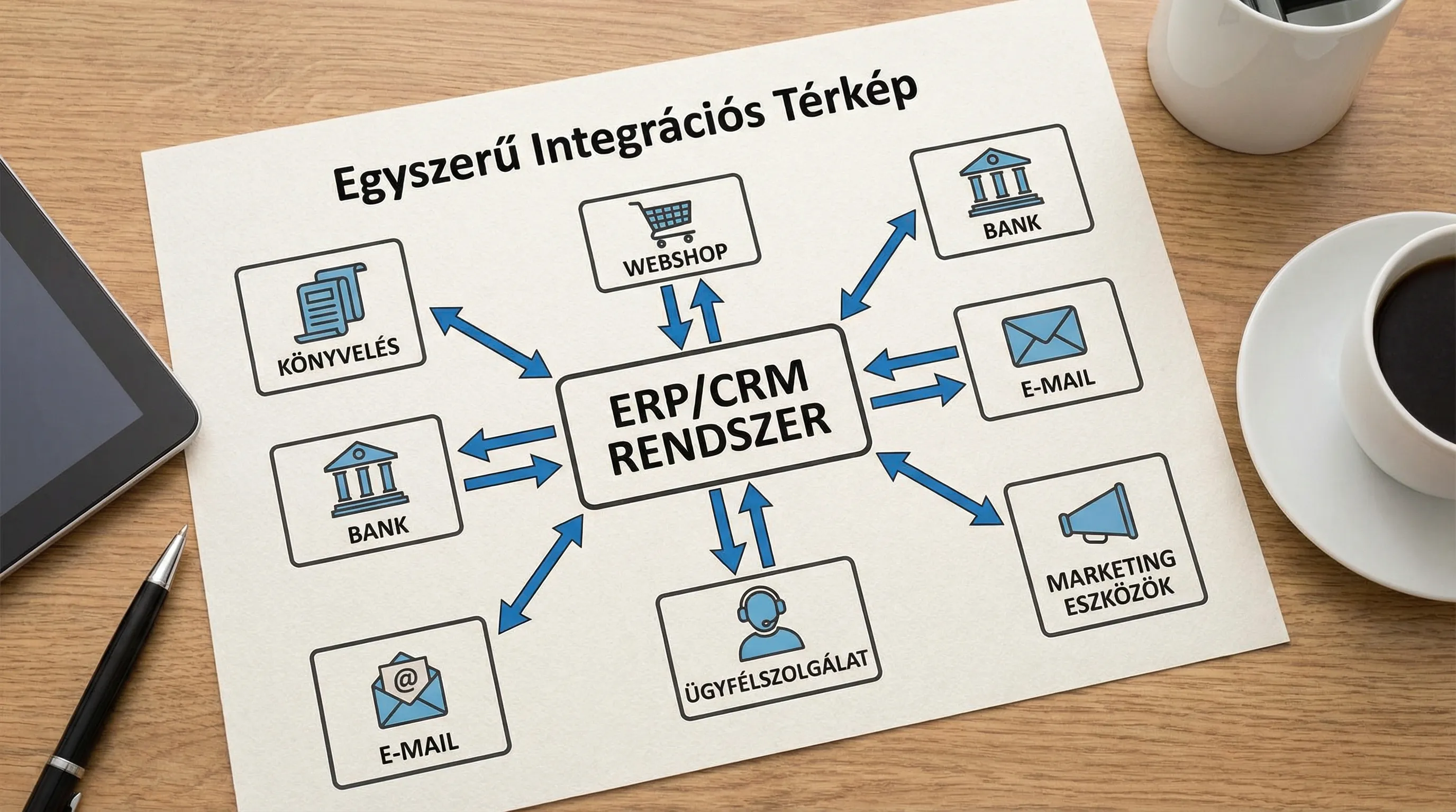 Egyszerű integrációs térkép: középen az ERP/CRM rendszer, körülötte könyvelés, webshop, bank, e-mail, ügyfélszolgálat és marketing eszközök, nyilakkal jelölve az adatáramlást.