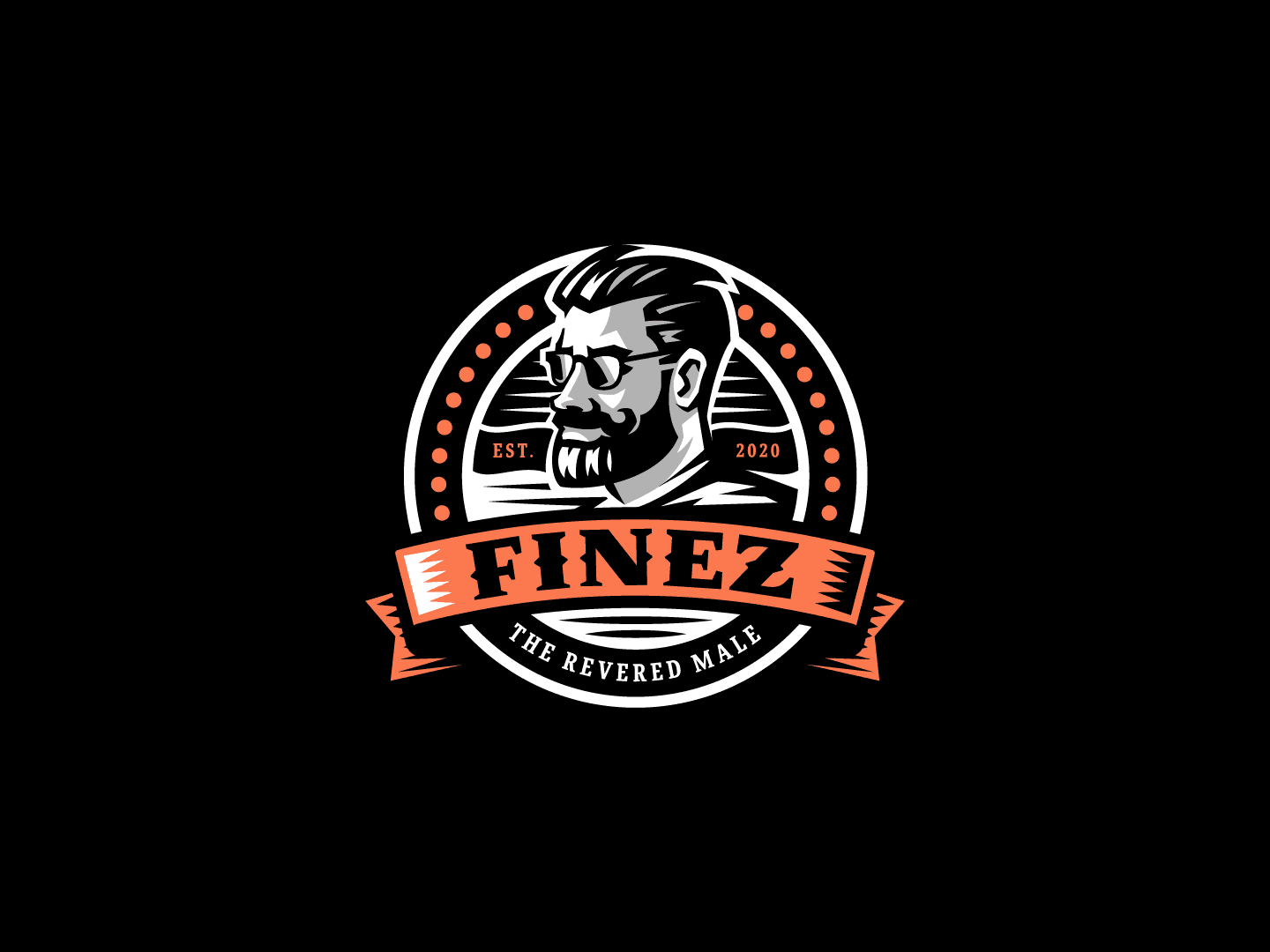 Finez badge logo: a bearded man with glasses inside a circular emblem with an orange banner, on black