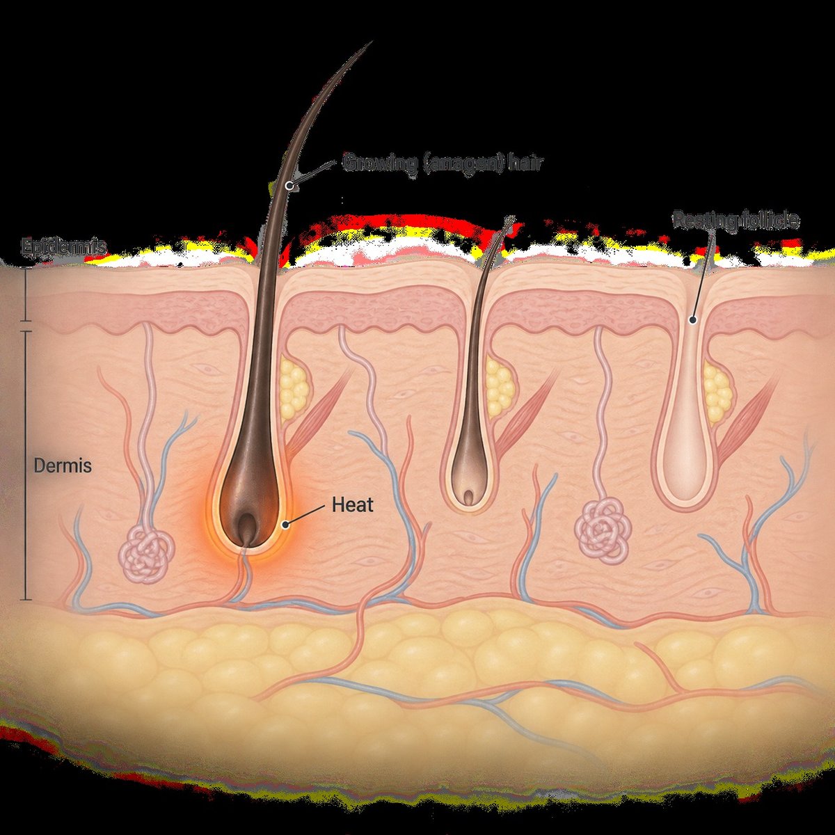 Cross-section showing laser heat absorbed by a pigmented growing hair root while a resting follicle stays unaffected