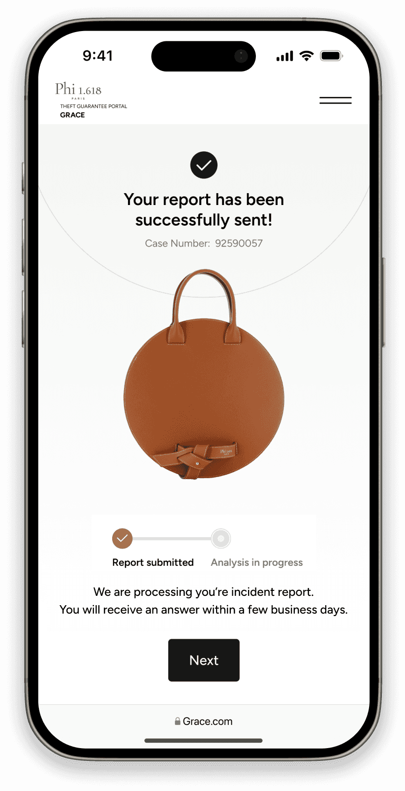 Confirmation d’envoi de déclaration d’incident sur l’interface mobile Phi 1.618 x GRACE