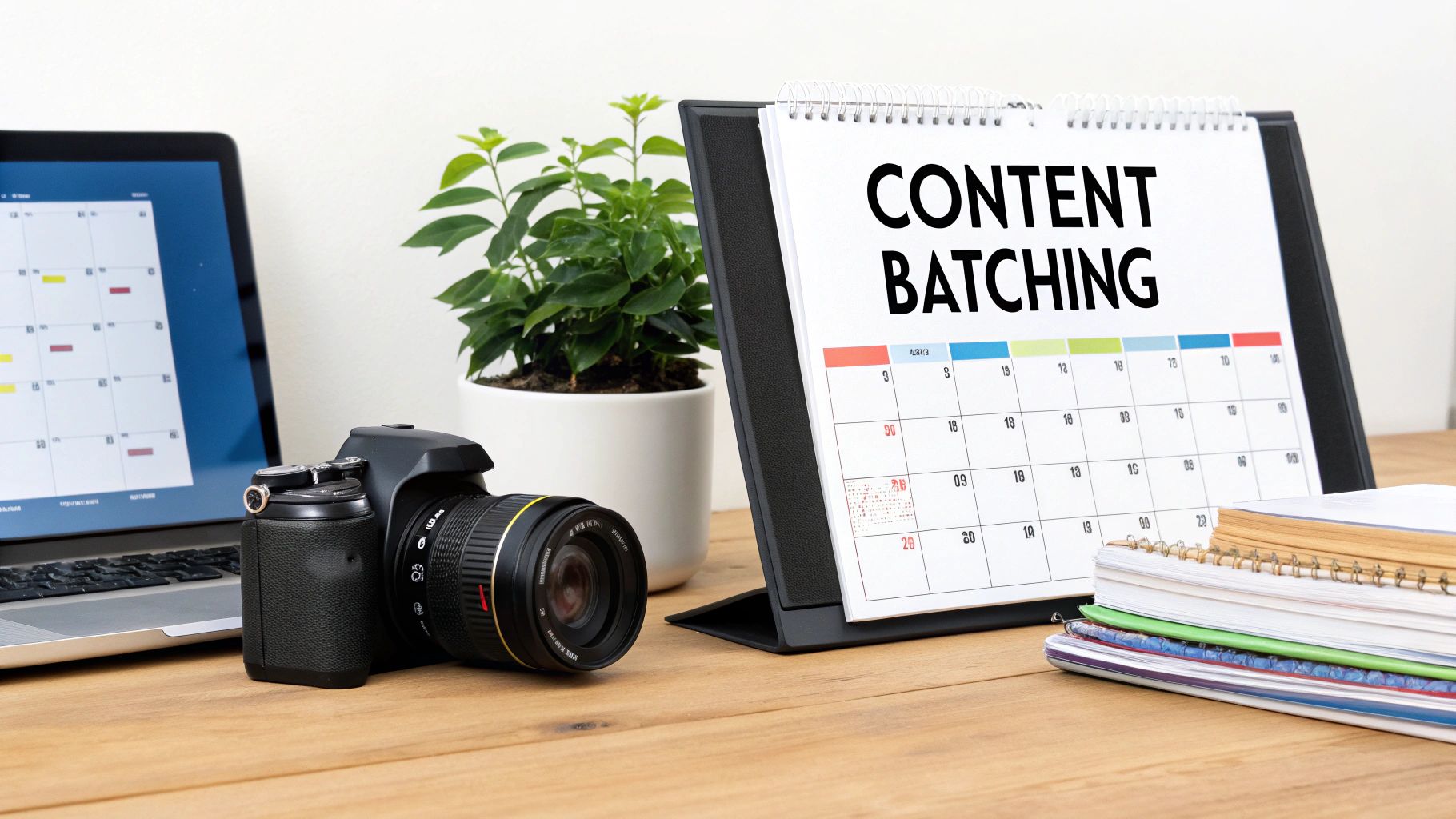 Desk with laptop, camera, plant, 'CONTENT BATCHING' calendar, and notebooks for content creation.