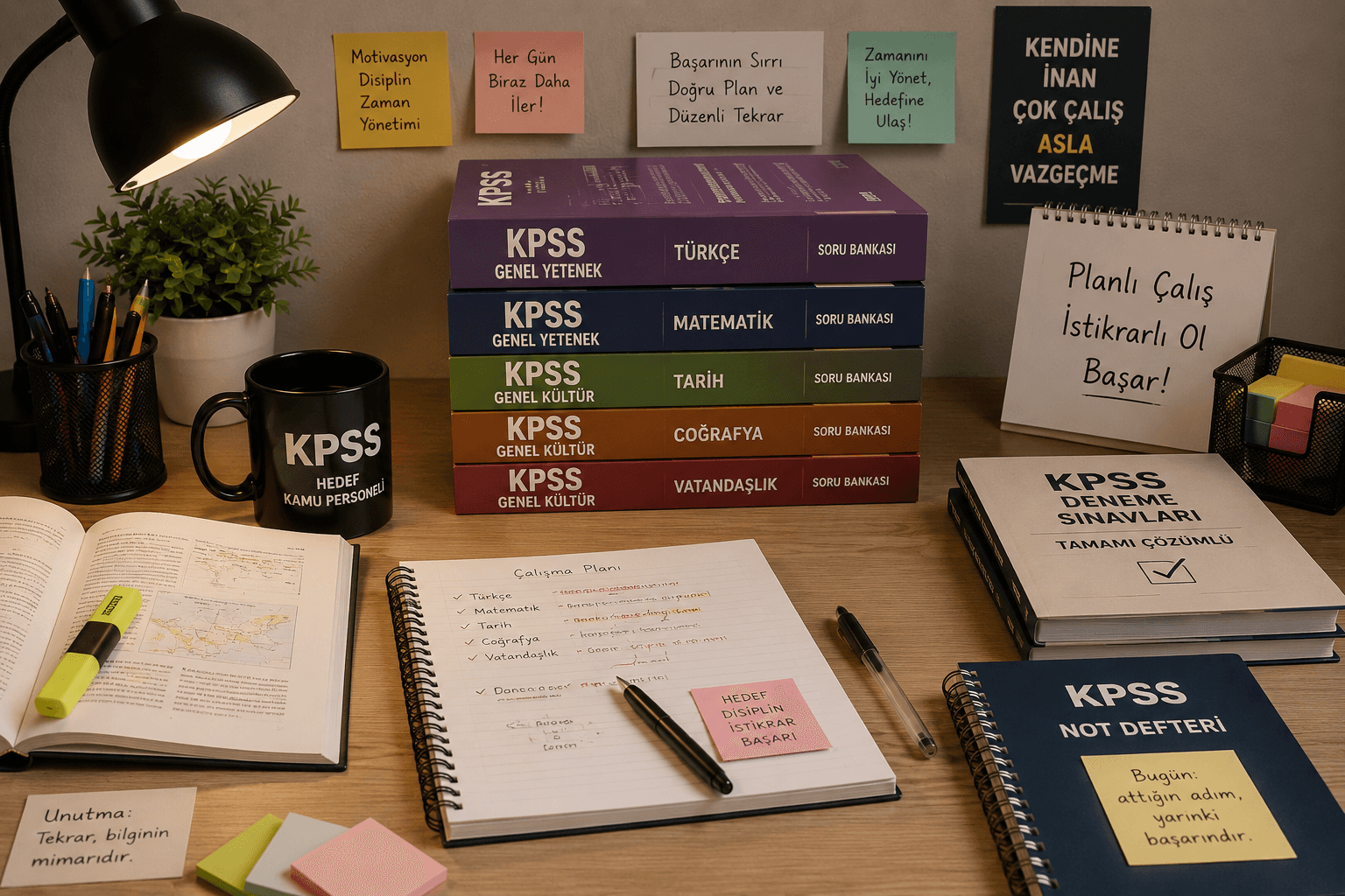 KPSS hazırlığı için çalışma masasında Türkçe, matematik, tarih, coğrafya ve vatandaşlık soru bankalarının yer aldığı düzenli ders çalışma ortamı görseli