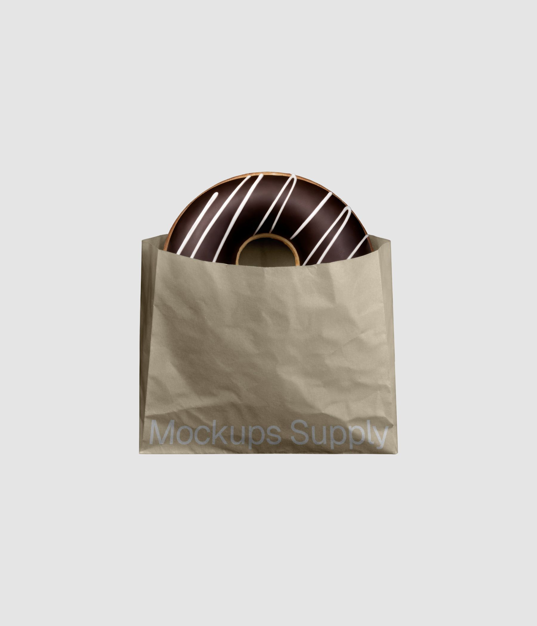 Chocolate donut in beige takeaway paper bag mockup on gray background for Photoshop download psd