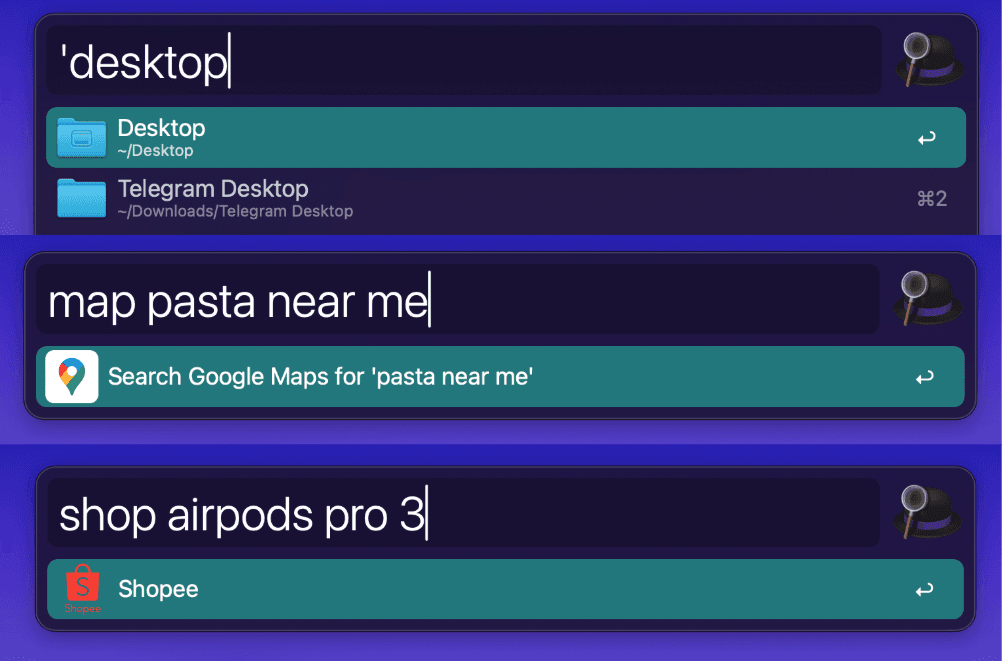 Screenshots of using Alfred app