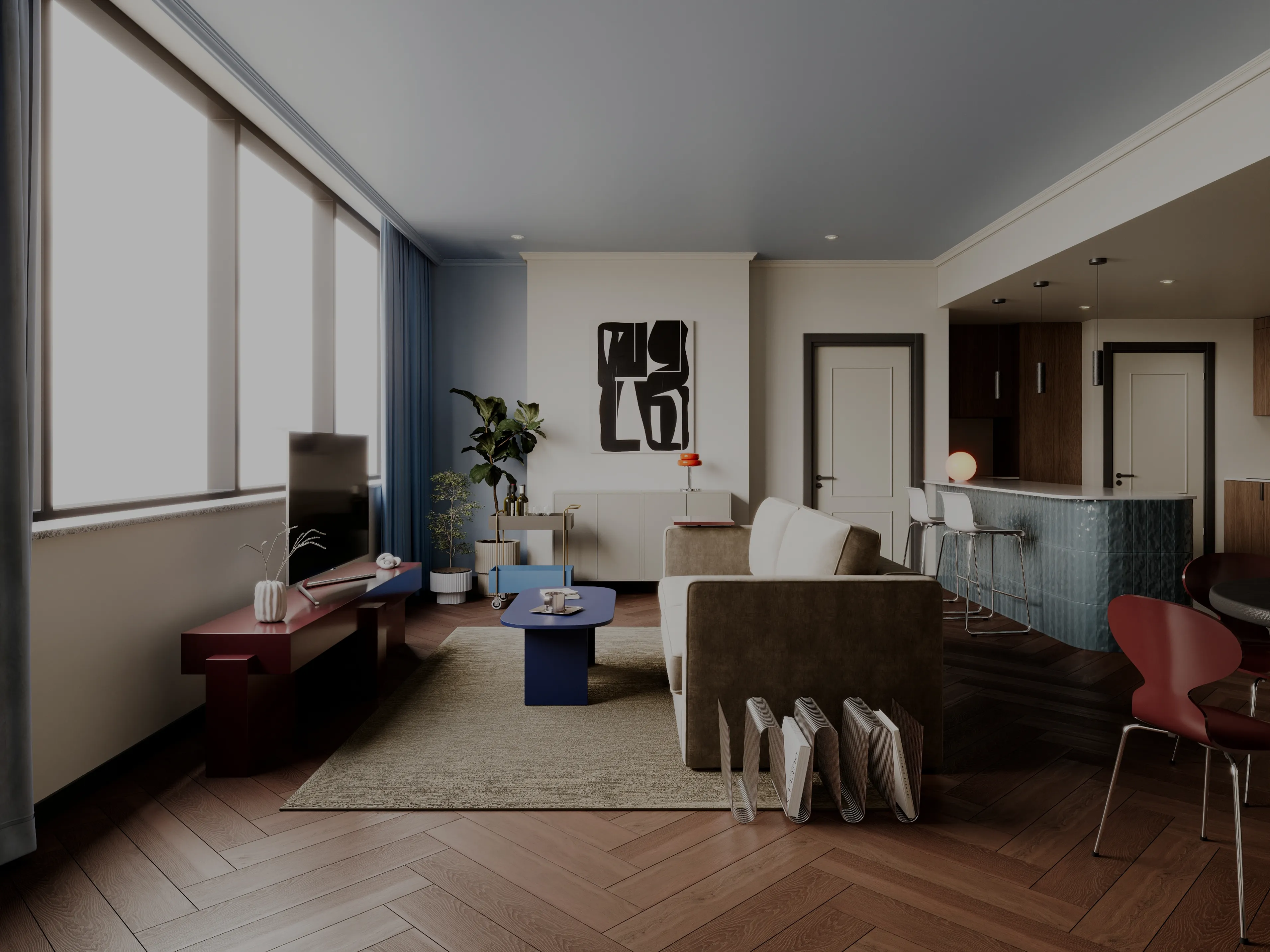 Colourfully designer living room space with a huge window, minimalistic painting hanging on the wall and many plants.