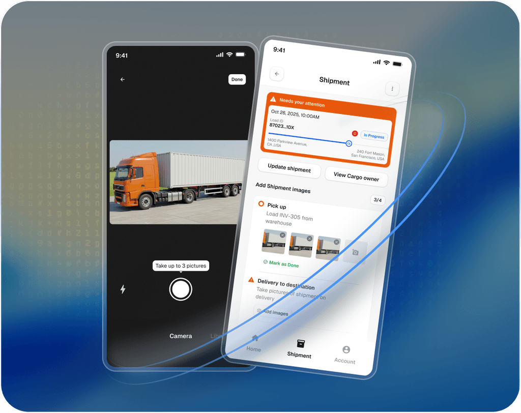 Indemni mobile app interface capturing cargo conditions, truck photos, and shipment documents for digital proof of delivery.