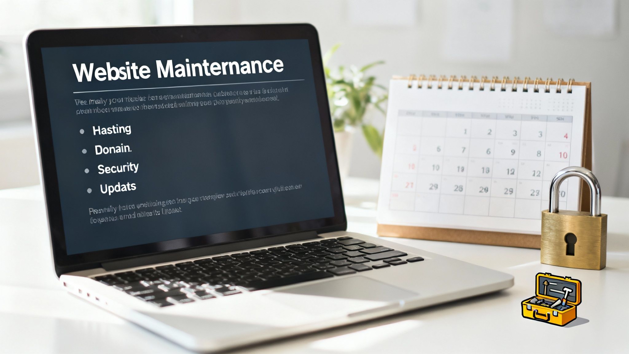 Laptop displaying website maintenance checklist including hosting, domain, security, and updates with calendar and padlock