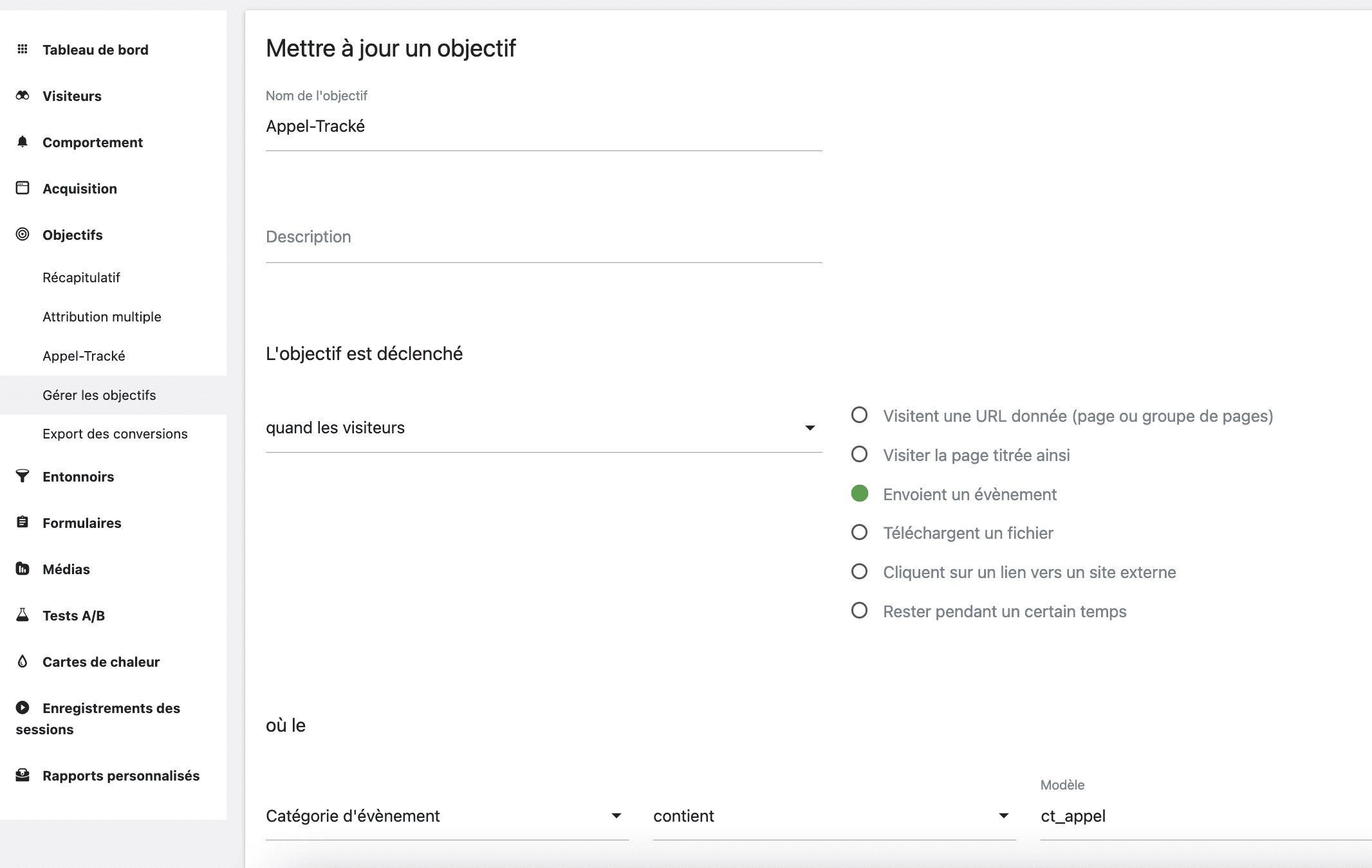Paramétrage objectif Matomo