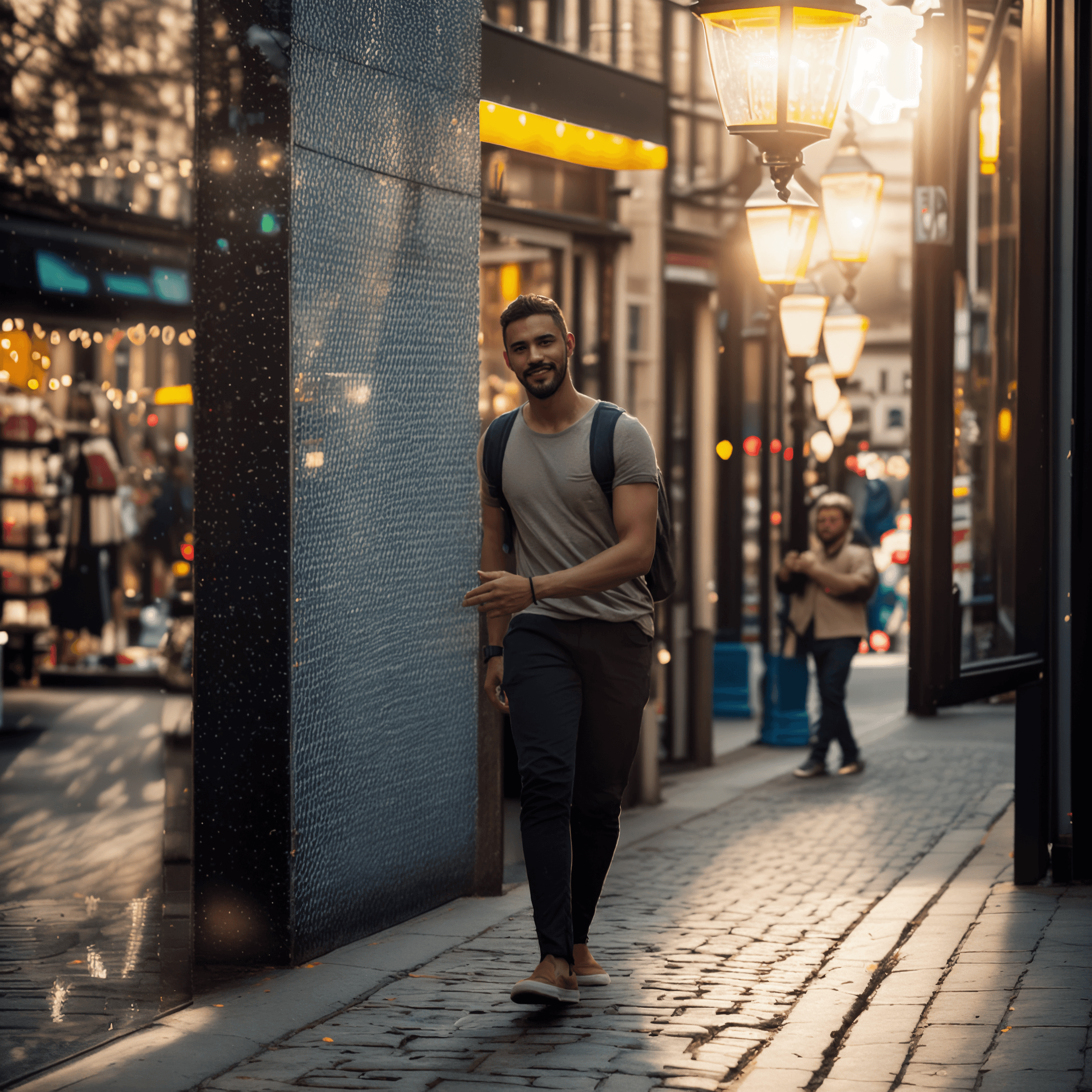 A young men walking on the street full of shop on Christmas time. Image generated by AI using Fuzer