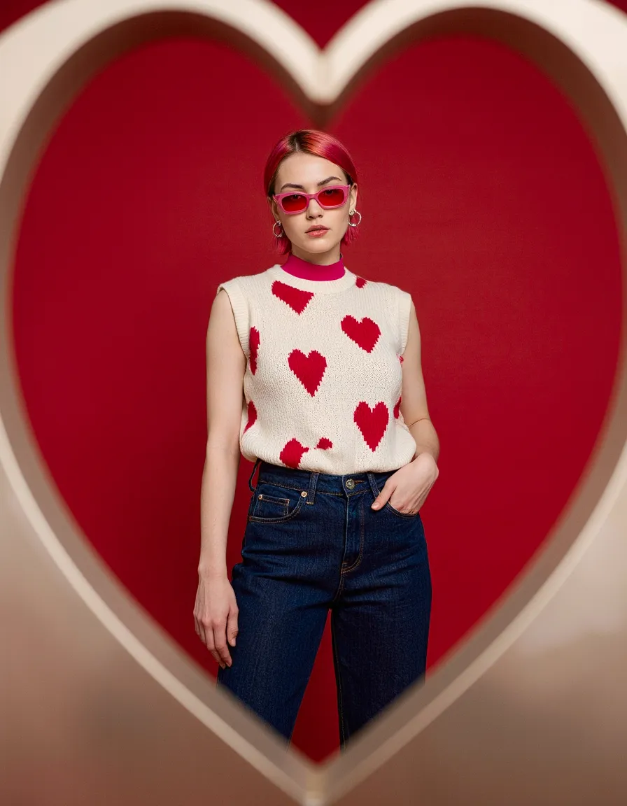 Woman in heart-patterned sweater and pink sunglasses posed against large red heart backdrop for Valentine's fashion shoot