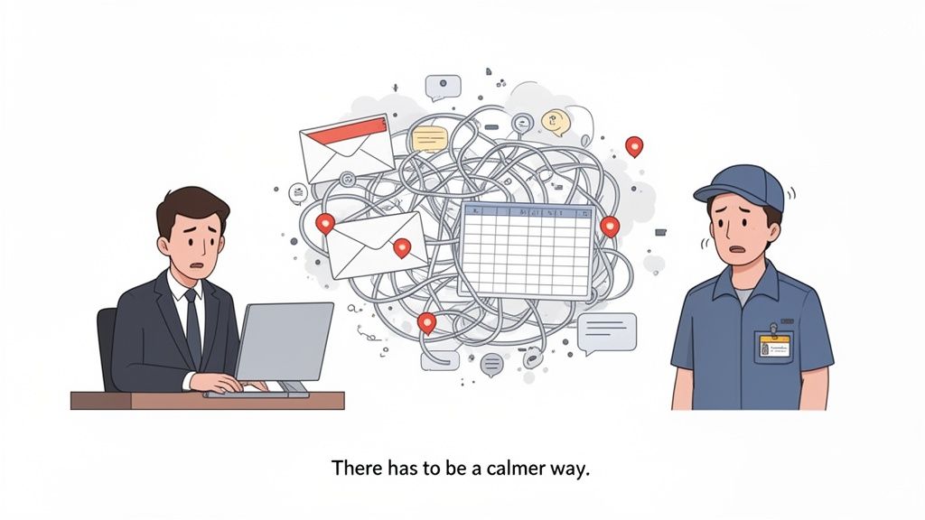 Illustration of two men, an office worker and a uniformed man, overwhelmed by tangled communication and tasks.